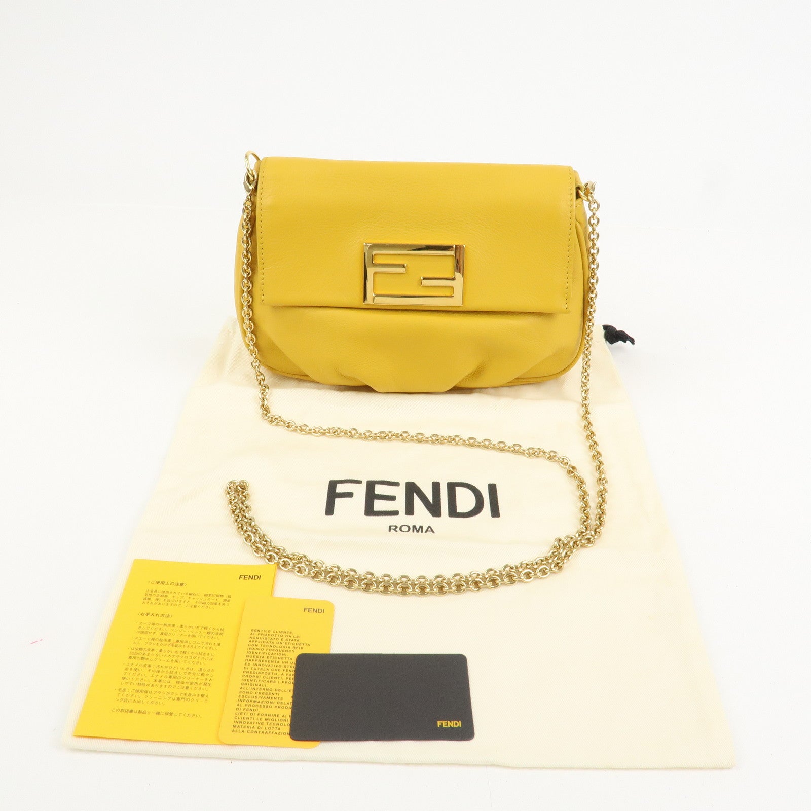 FENDI Leather Chain Shoulder Bag Purse Crossbody Bag Yellow 8M0276