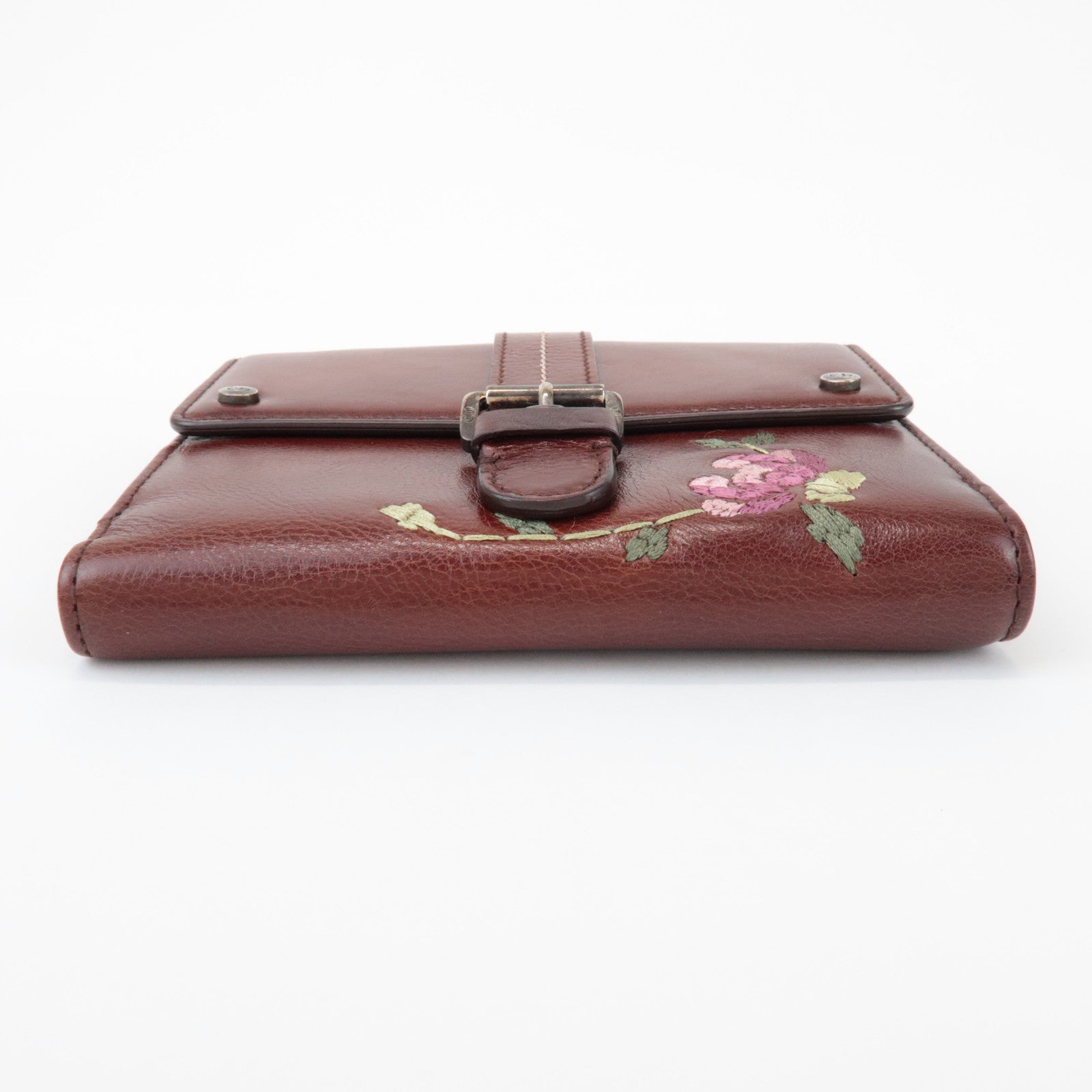 Christian Dior Leather Flower Embroidery Motif Compact Wallet Brown