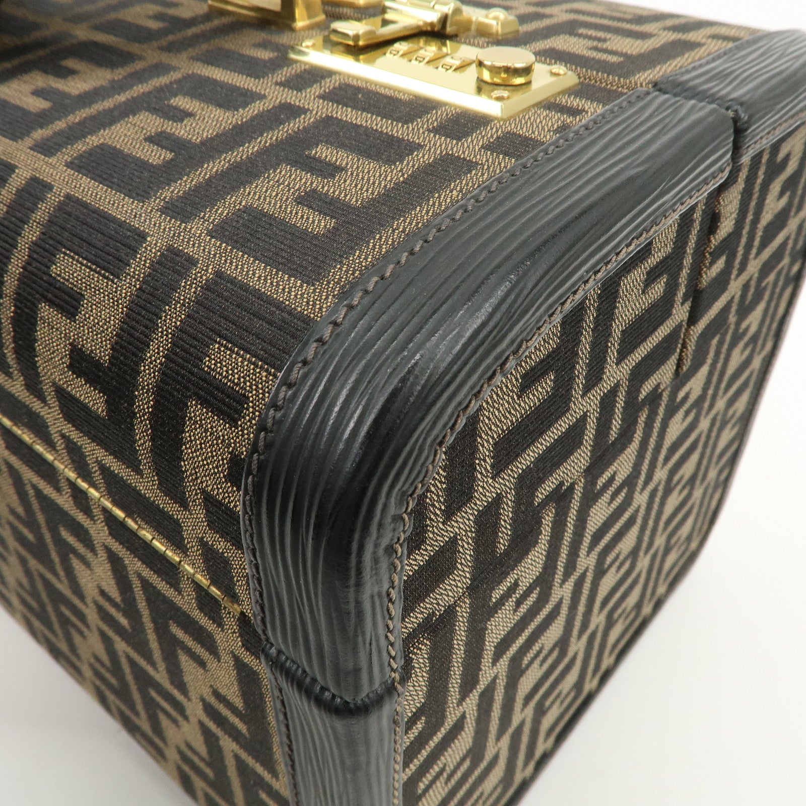 FENDI Zucca Canvas Leather Vanity Bag Makeup Box Brown Black
