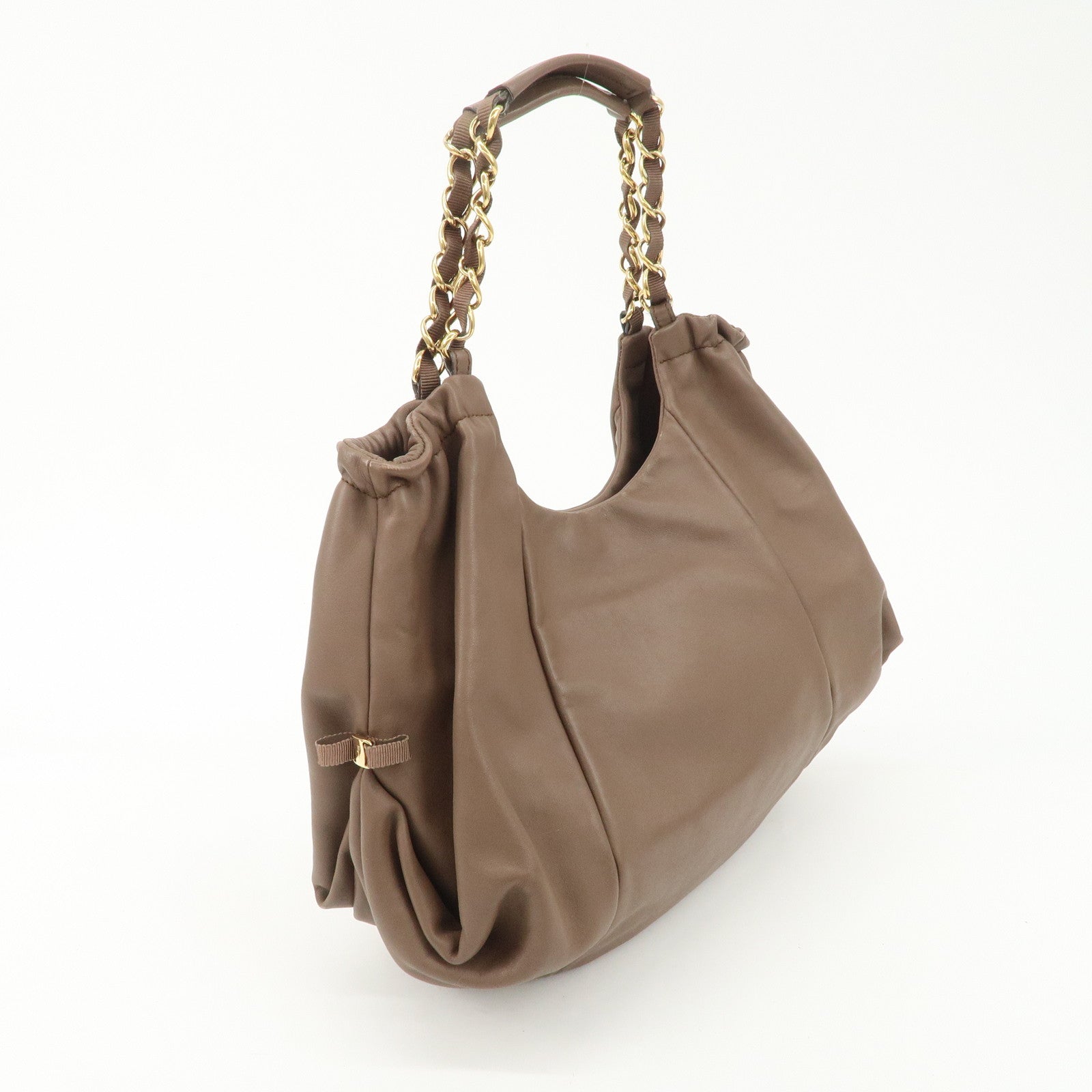 Ferragamo Leather Tote Bag Hand Bag Shouolder Bag Beige Gold HDW