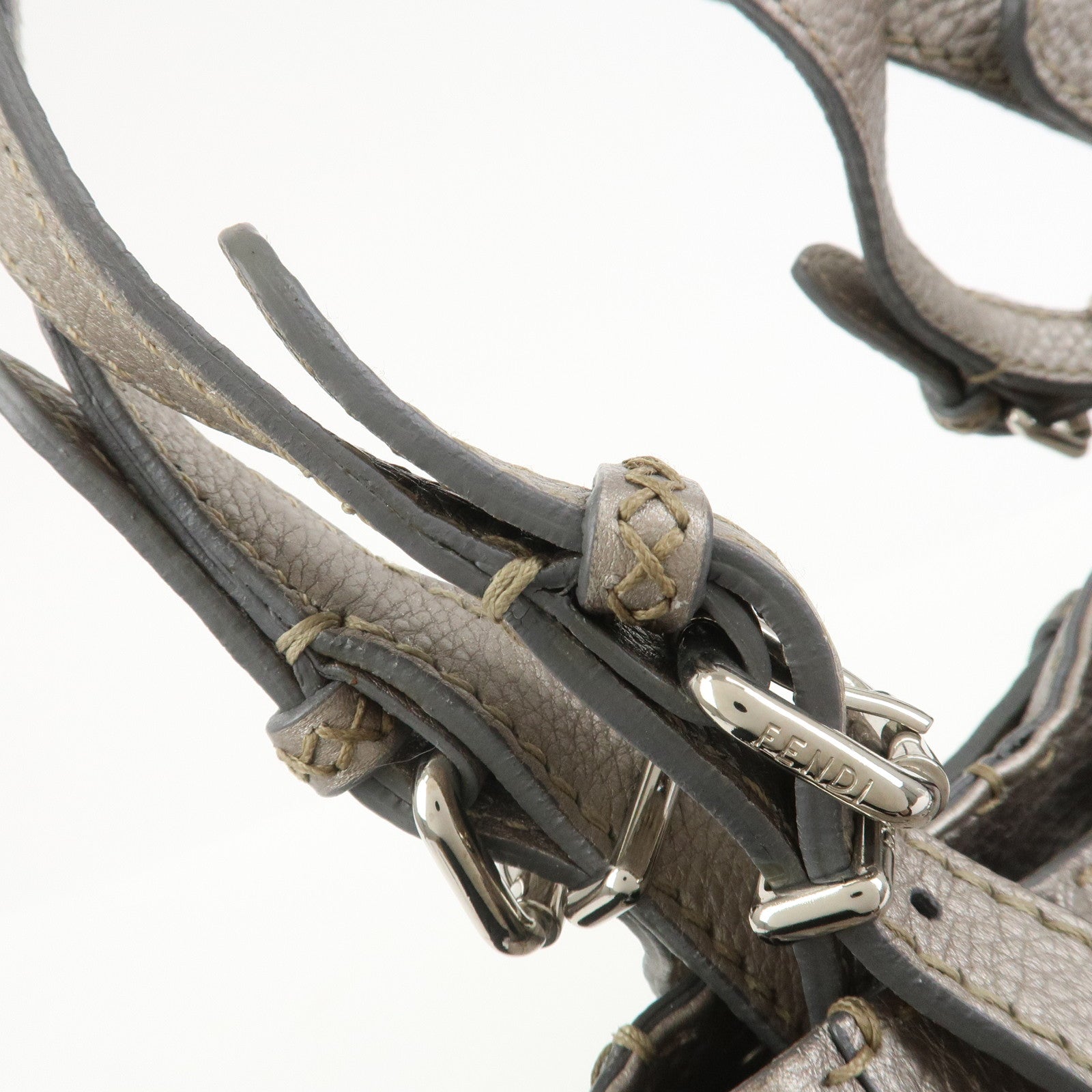 FENDI Selleria Leather Hand Bag Shoulder Bag Silver 8BR595