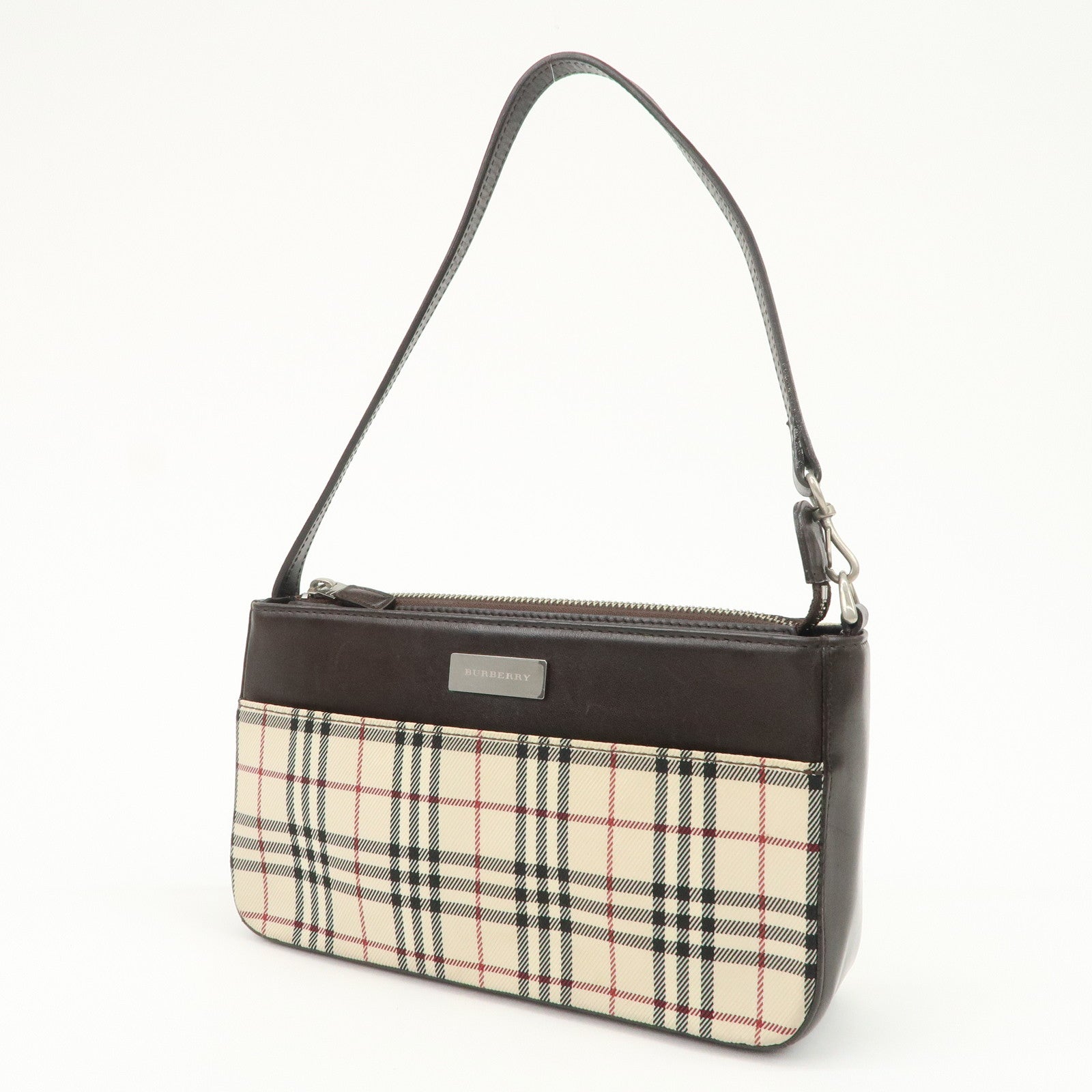 BURBERRY Leather Canvas Shoulder Bag Nova Plaid Brown