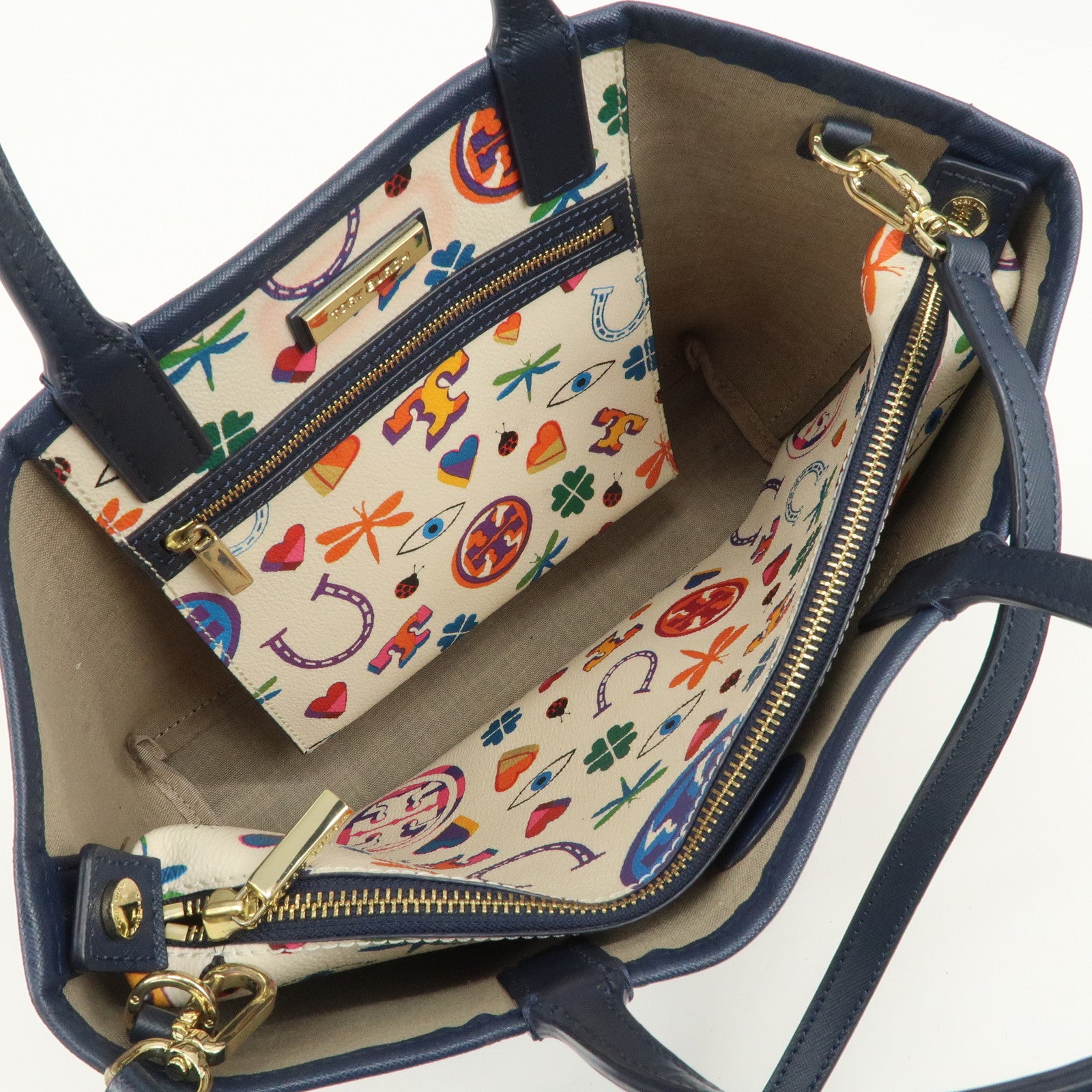 TORY BURCH Leather Tote Bag Hand Bag Navy
