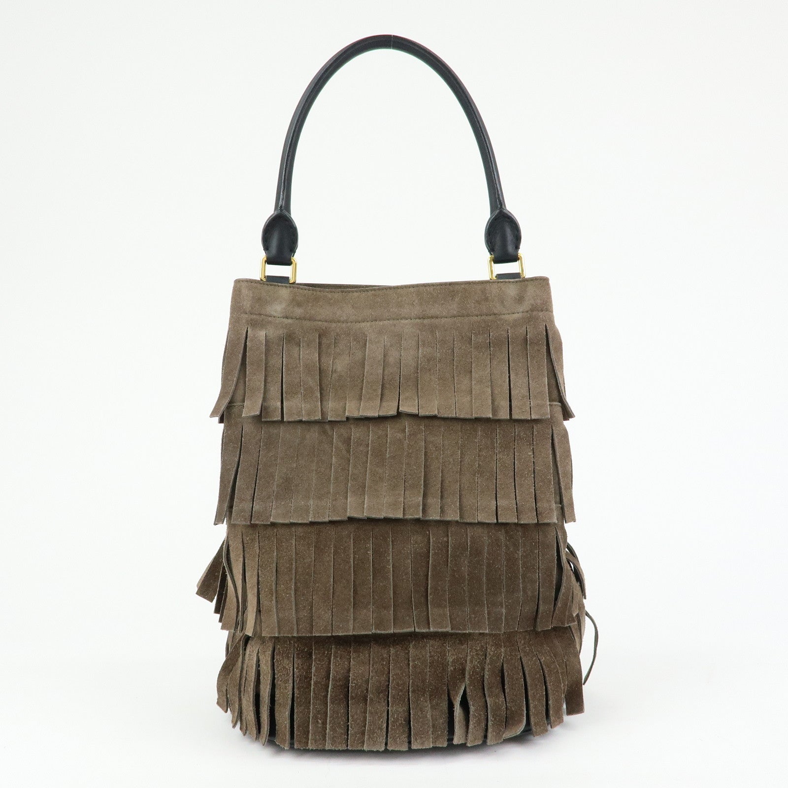 BURBERRY PROSUM Fringe Suede Leather Tote Bag Hand Bag Brown Black