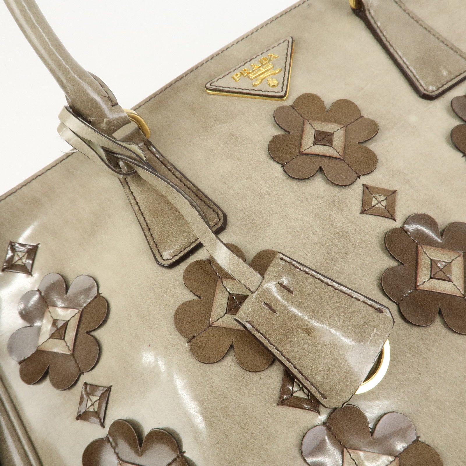 PRADA Patent Leather Flower Galleria 2Way Tote Bag Greige BB2274F