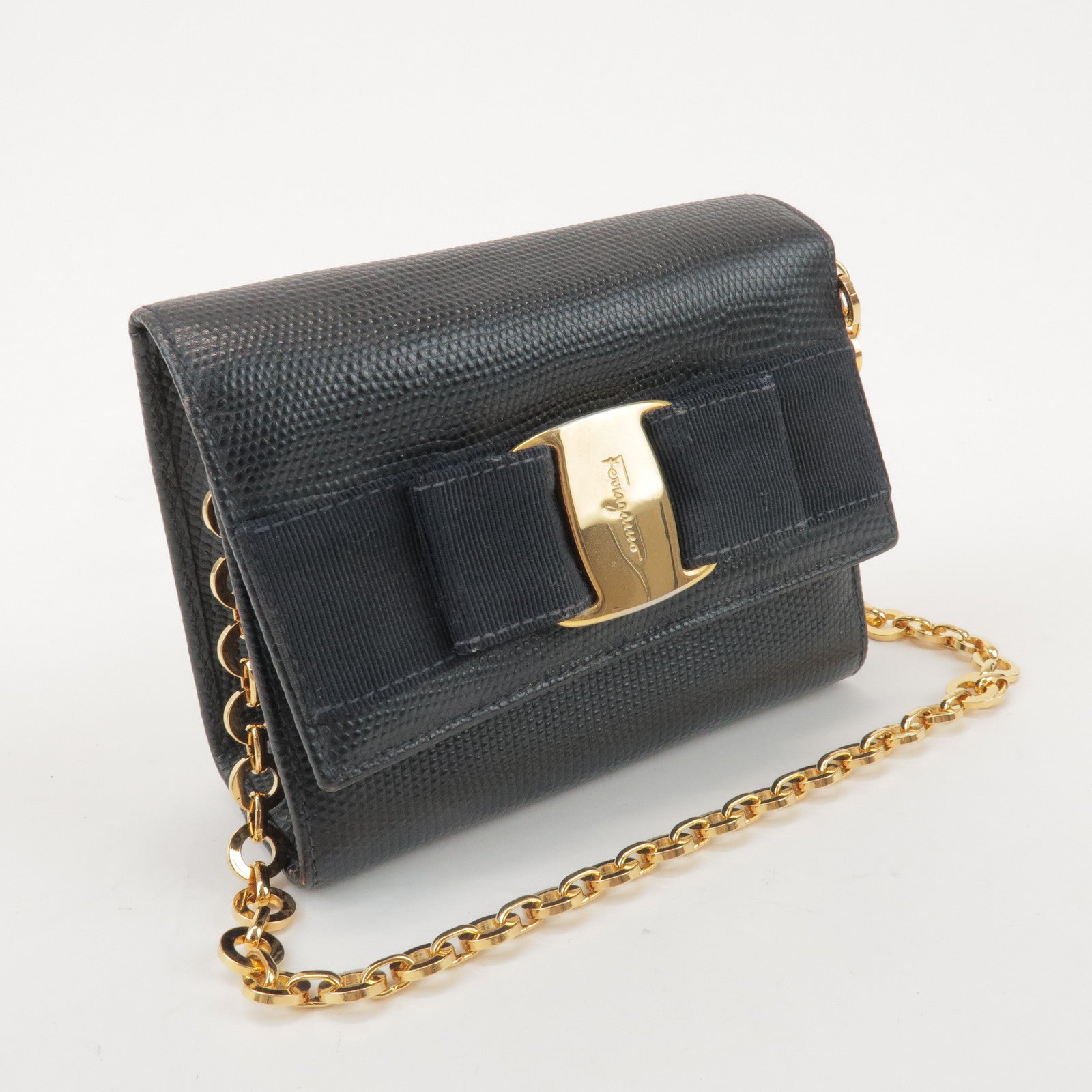 Ferragamo Vara Ribbon Embossed Leather Chain Shoulder Bag Navy