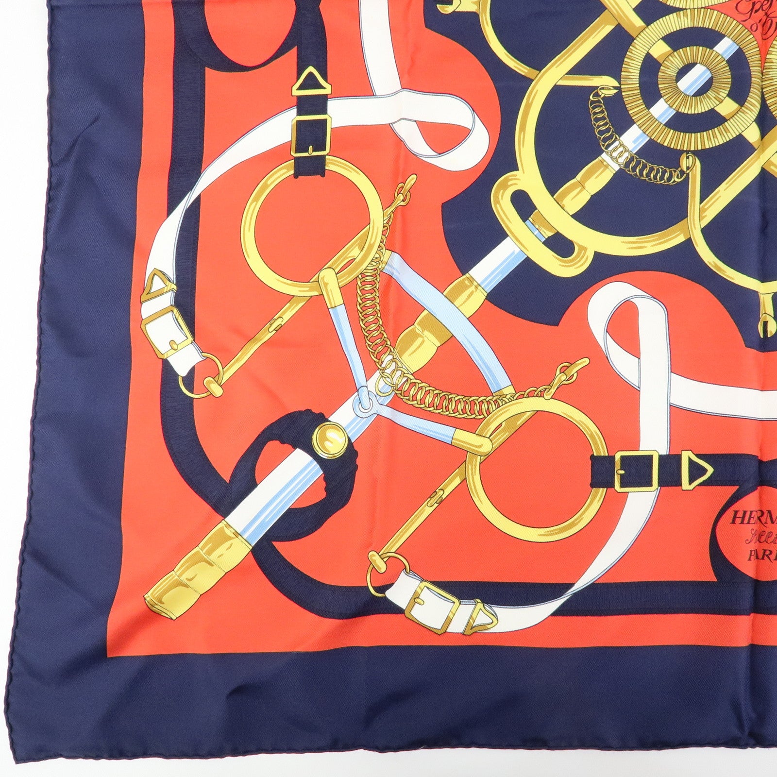 HERMES Carre 90 Silk 100% Scarf Eperon d'or Navy White Yellow Red