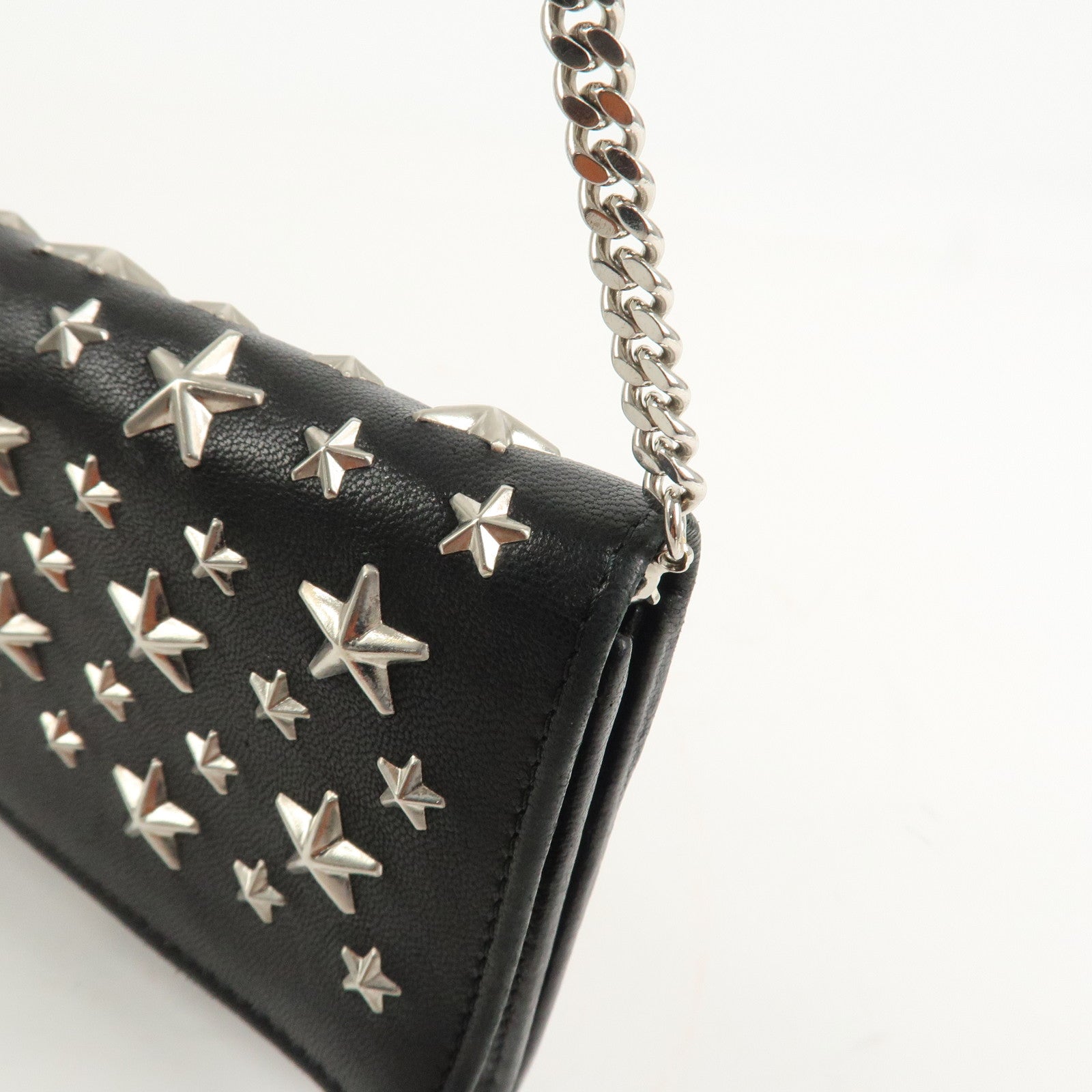 JIMMY CHOO Leather Studs Chain Wallet Shoulder Bag Black Used