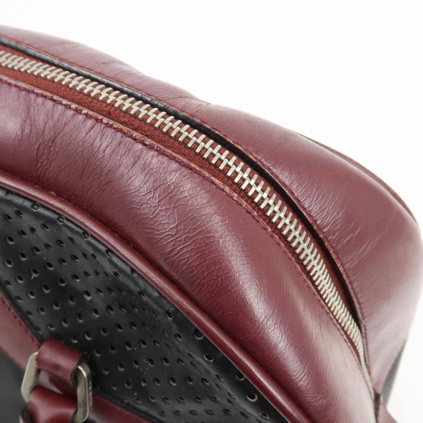 PRADA Leather Boston Bag Bowling Bag Hand Bag Black Bordeaux B10524