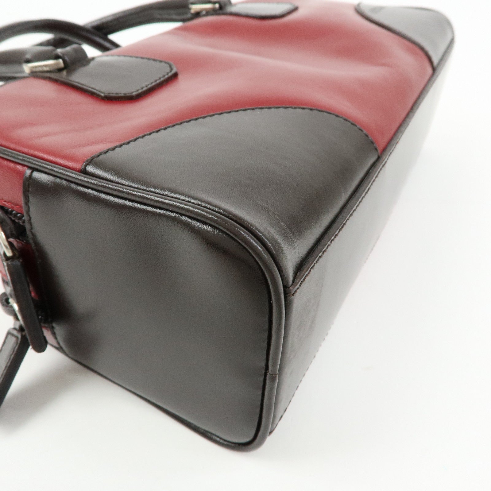 PRADA Leather Bicolor Hand Bag Mini Boston Bag Red Brown