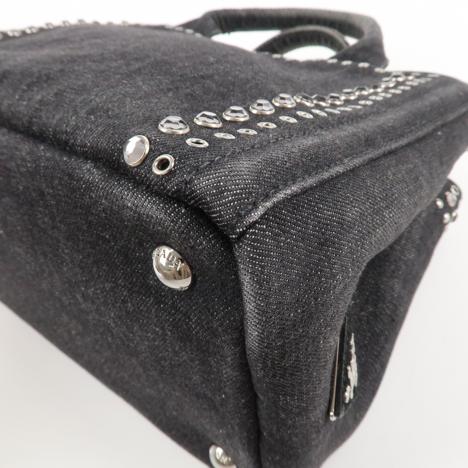 PRADA Canapa Mini Canvas Studs 2Way Shoulder Bag Hand Bag Black B2439G Used