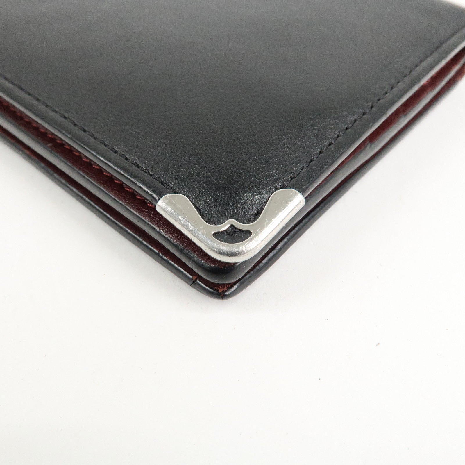 Cartier Leather Bi-fold Long Wallet Silver HDW Black Bordeaux Used