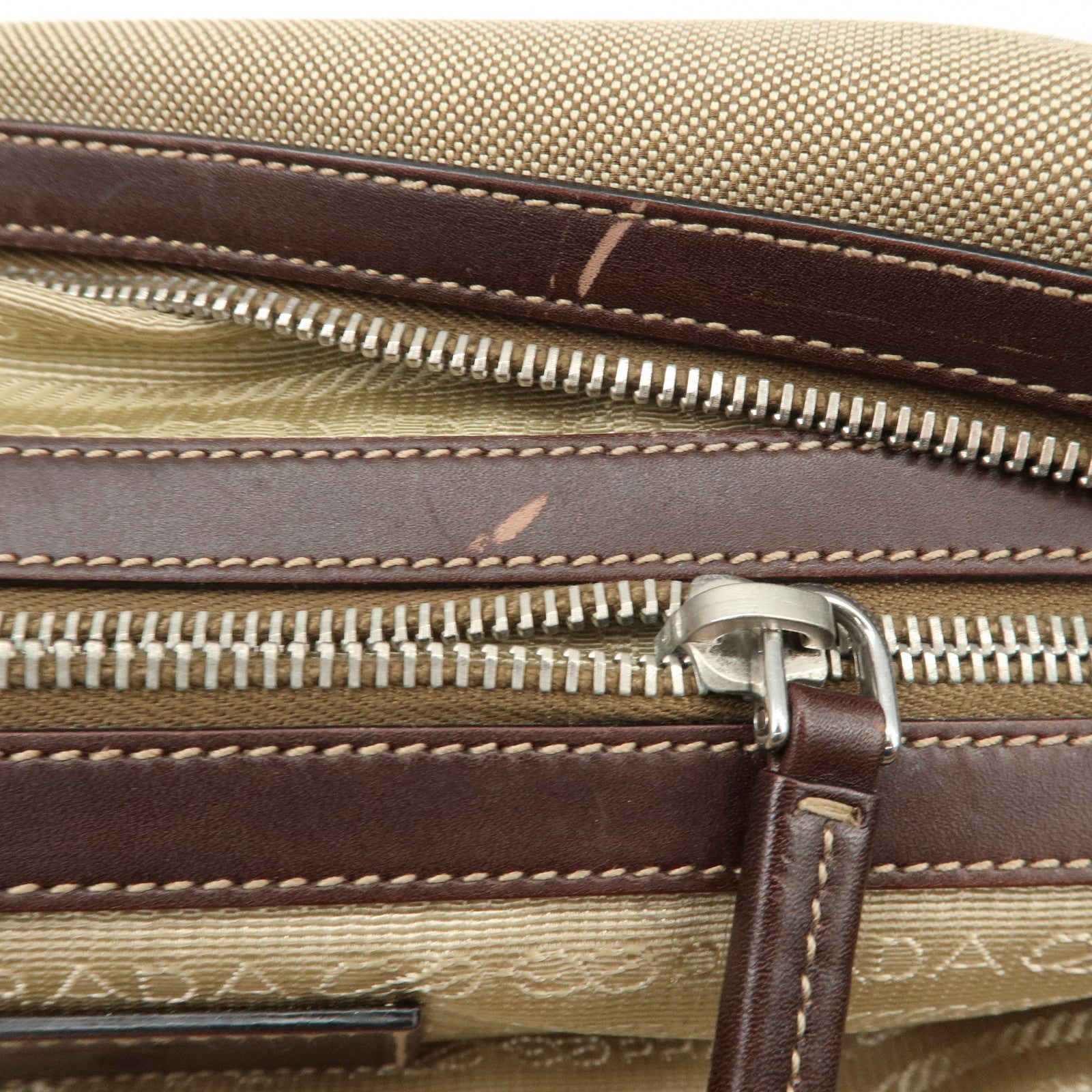 PRADA Logo Jacquard Leather Boston Bag Shoulder Bag Beige BL0260 Used