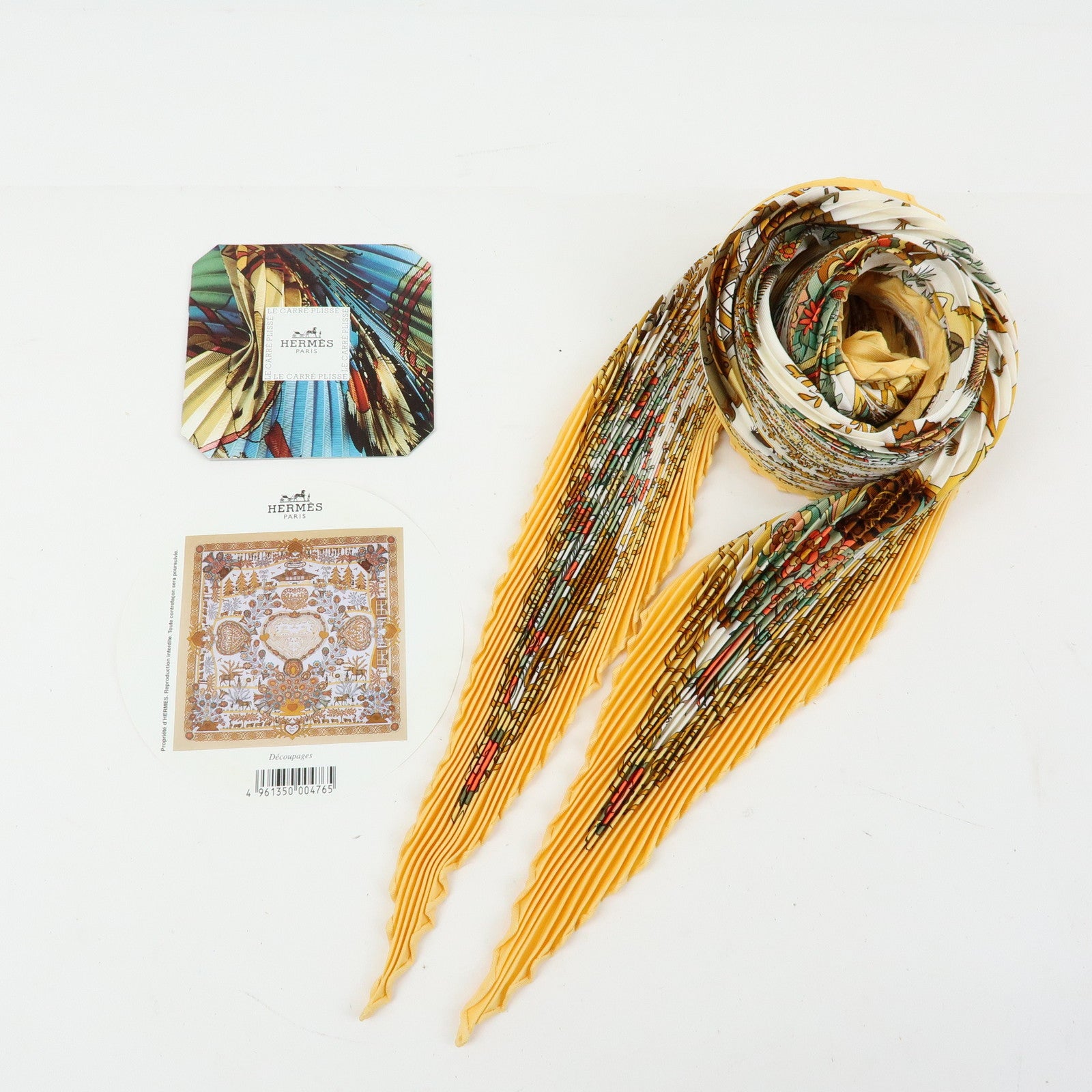 HERMES Pleated Carre 90 Silk 100% Scarf DECOUPAGES Yellow Orange