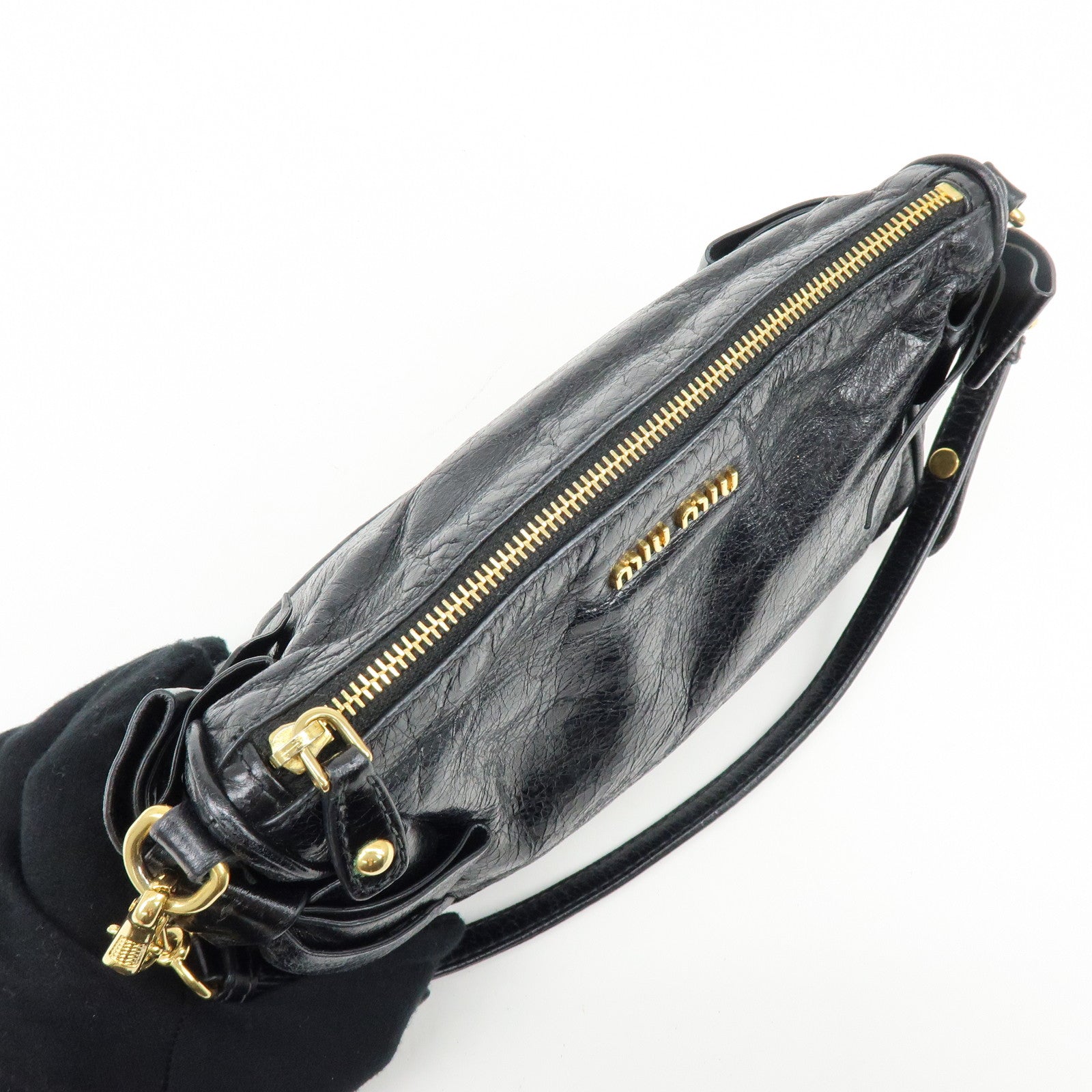 MIU MIU Leather Side Ribbon Mini Shoulder Bag Hand Bag Black 5N1557