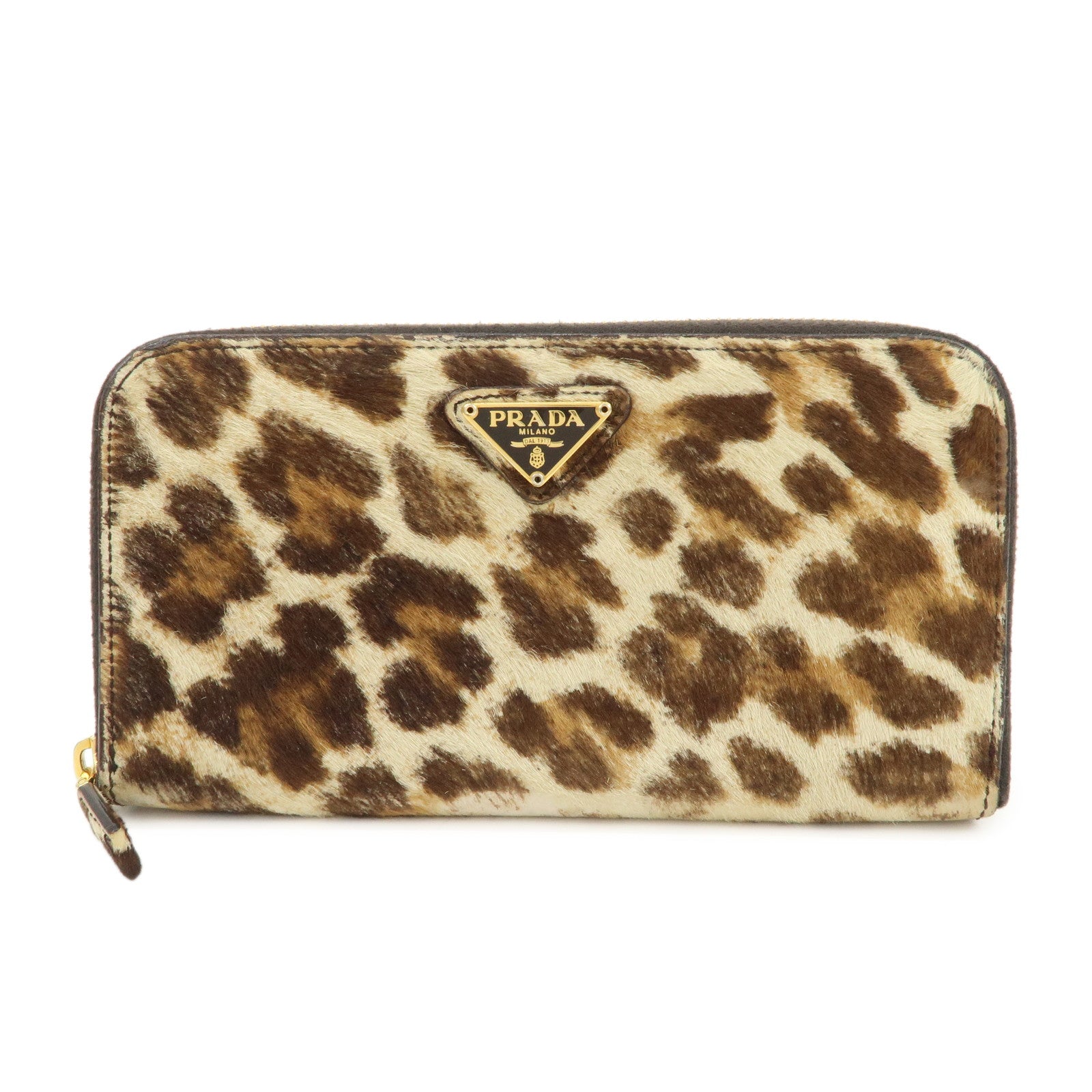 PRADA Unborn Calf Leather Round Zippy Wallet Beige Brown 1M0506