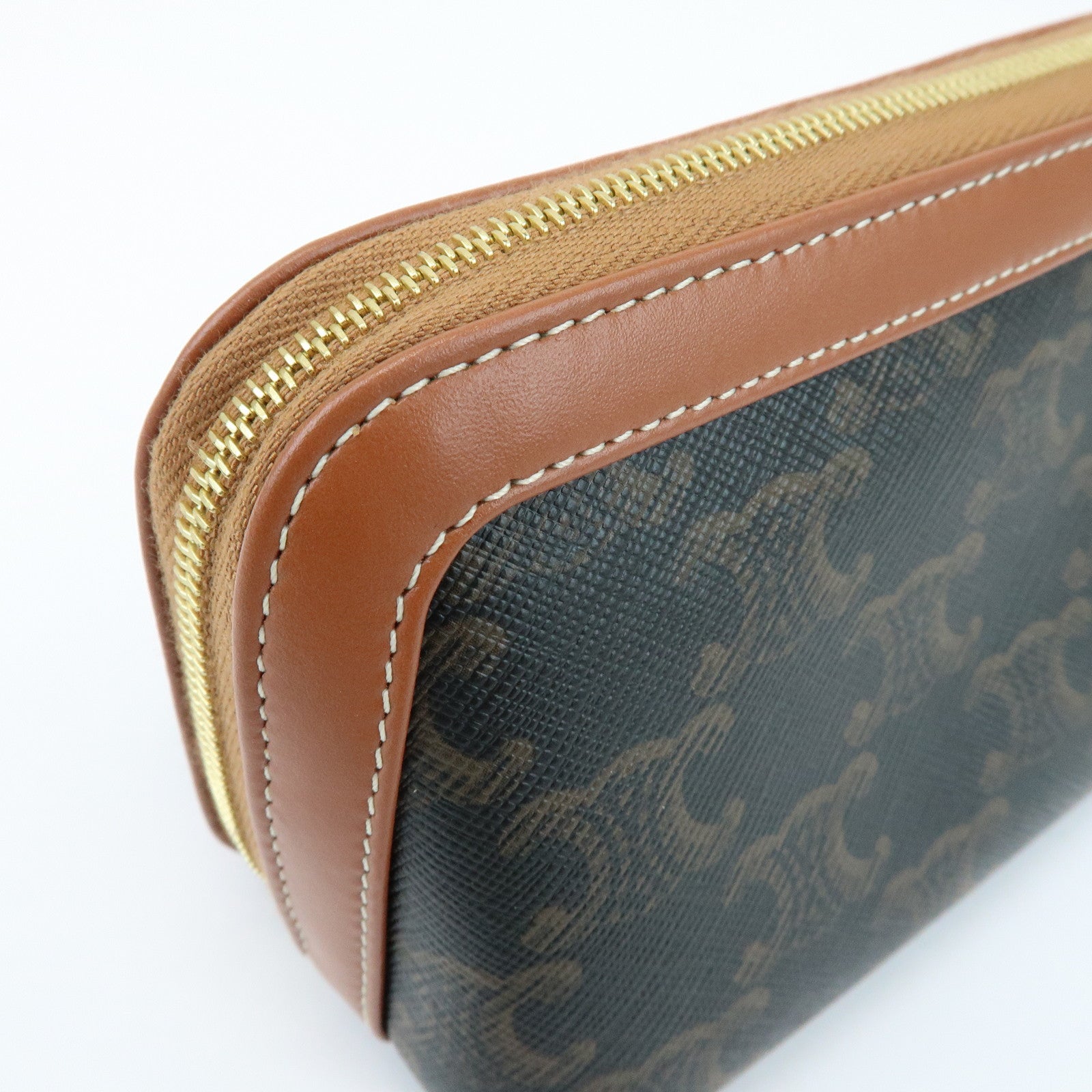 CELINE Triomphe PVC Calf Leather Cosmetic Pouch Accessory Pouch Tan