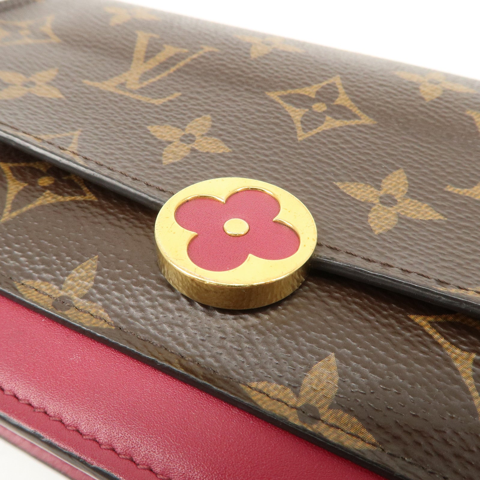 Louis Vuitton Monogram Leather Portefeuille Flore Chain Wallet Brown Pink M69578 Used