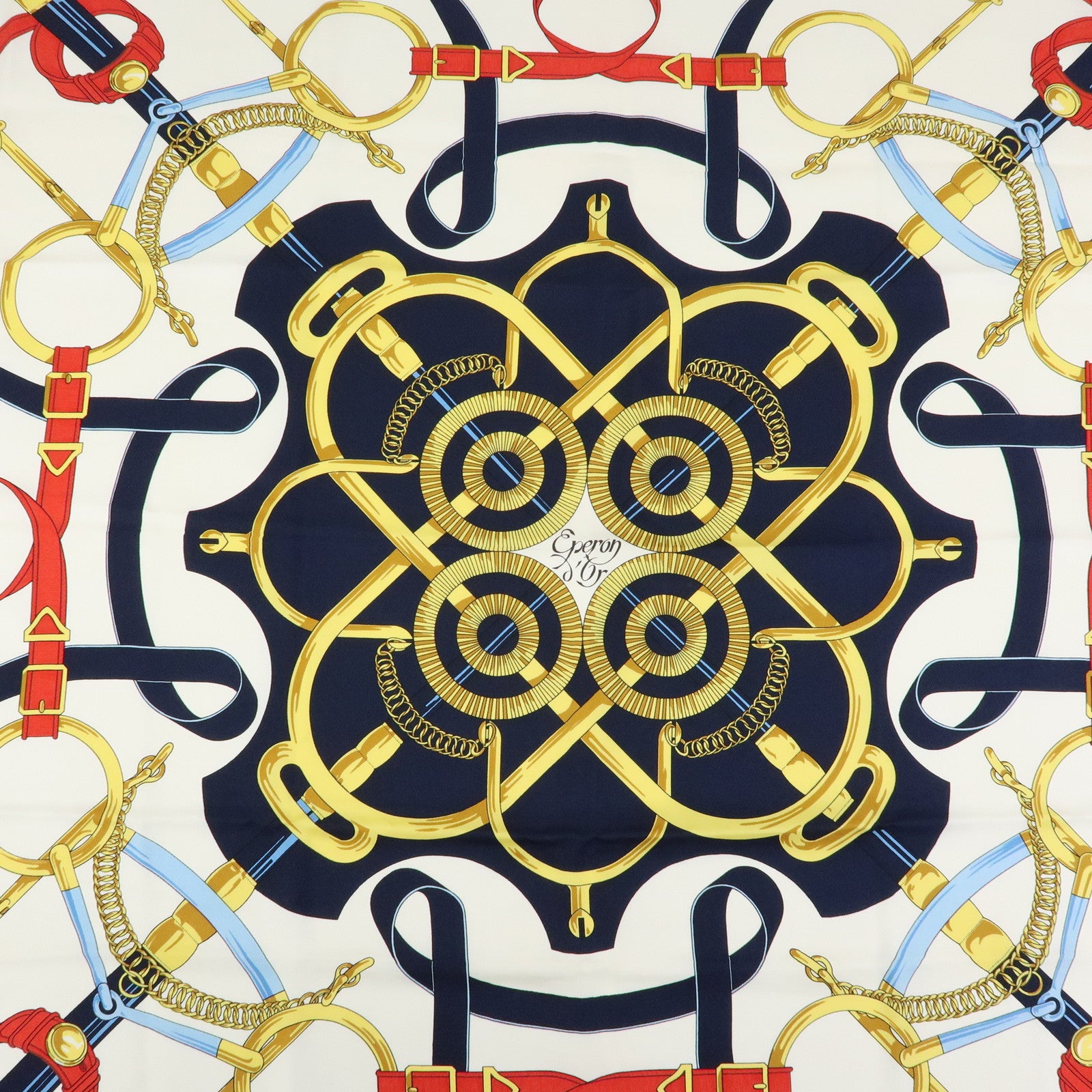 HERMES Carre 90 Silk 100% Scarf Eperon d'or Navy Ivory Red Gold