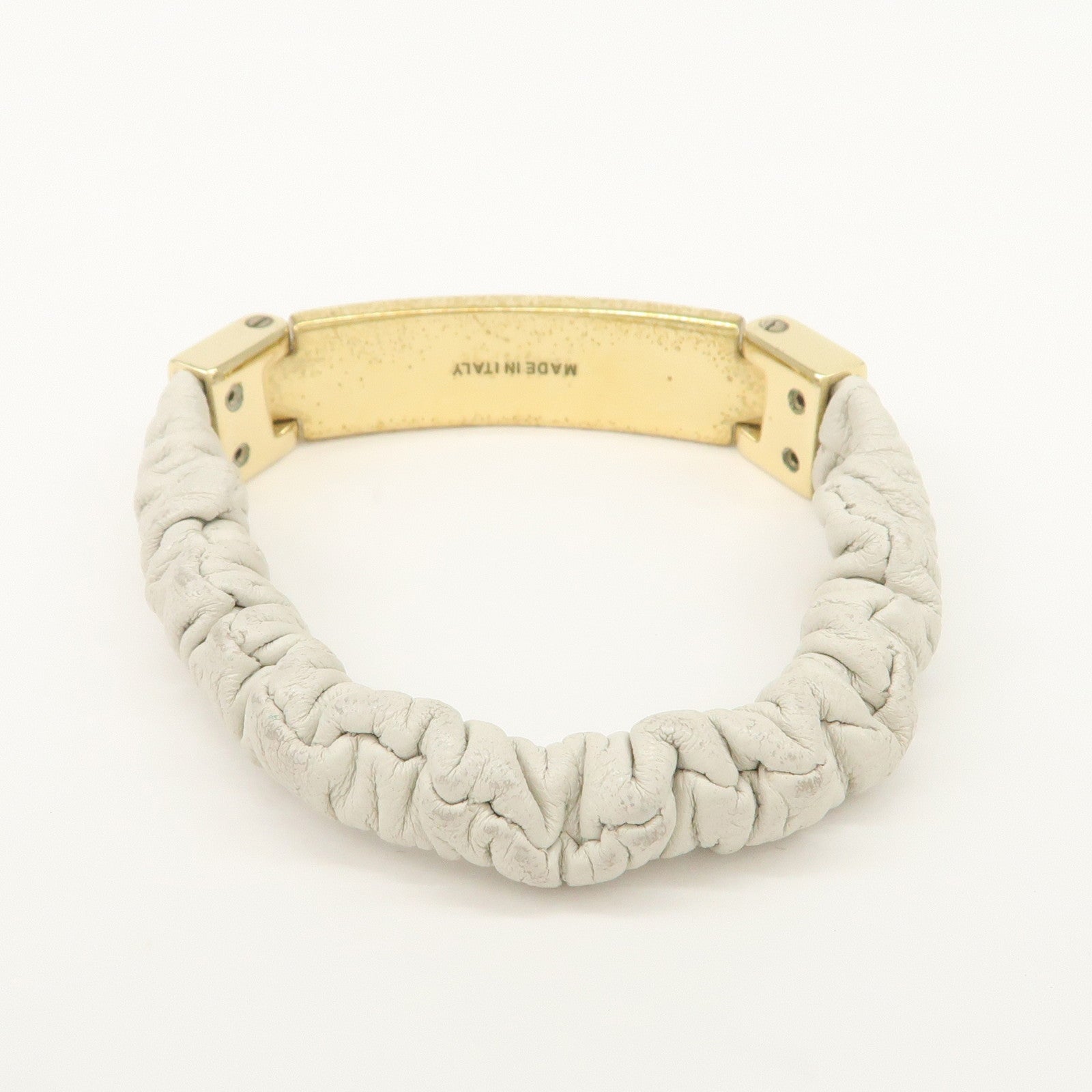 MIU MIU Leather Logo Plate Gathered Bracelet Ivory Gold 5IB425