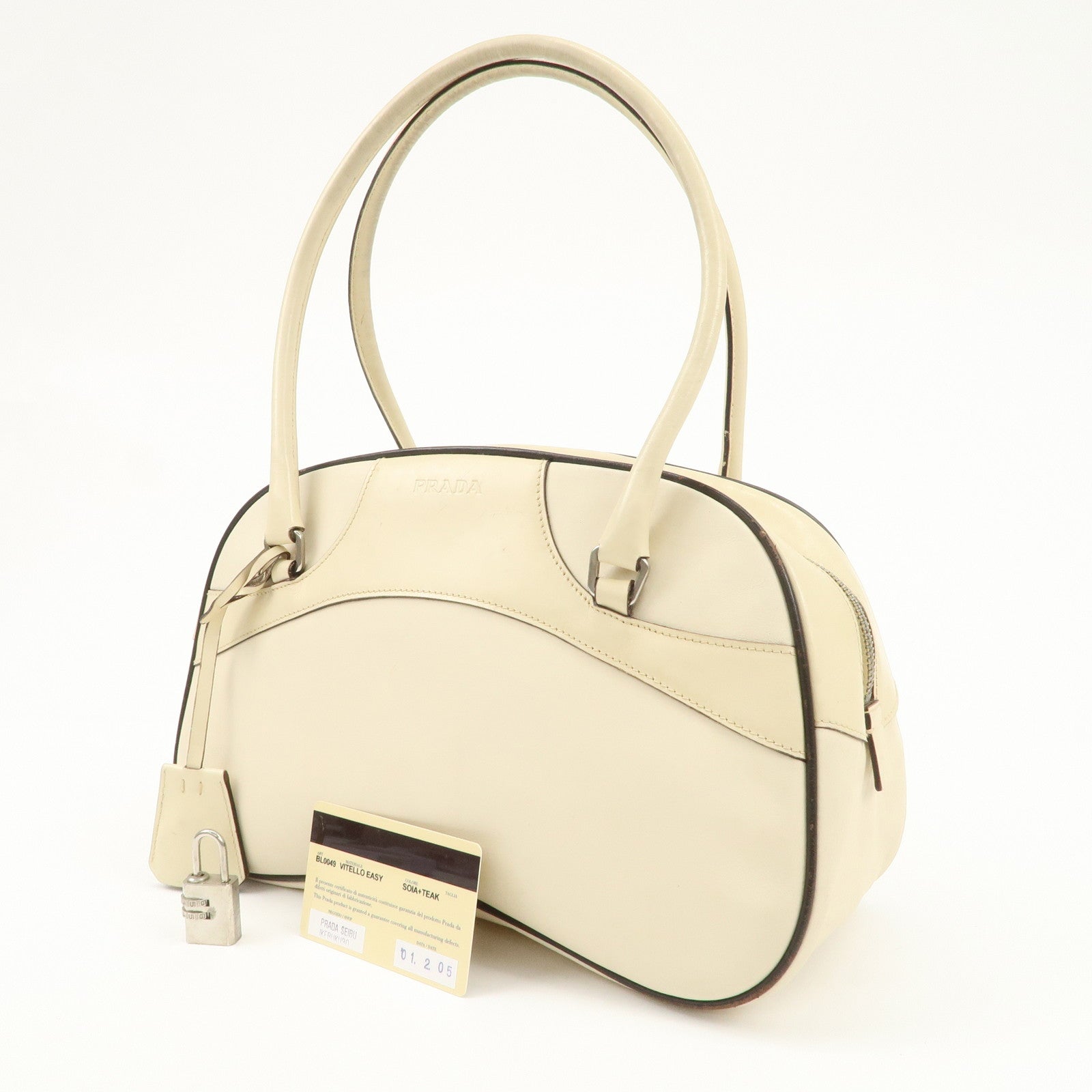 PRADA Leather Bowling Bag Boston Bag Shoulder Bag Ivory BL0049 Used