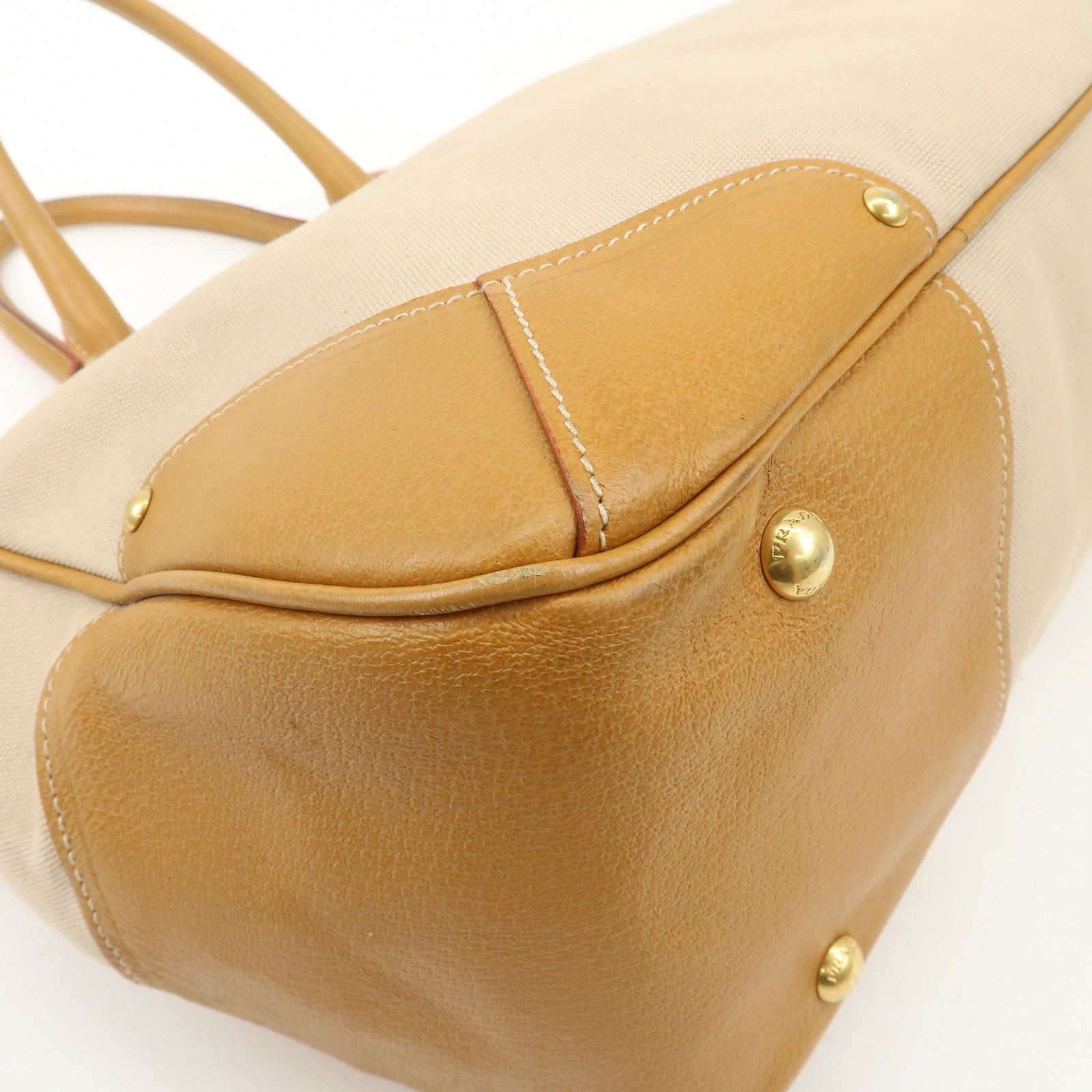 PRADA Triangle Logo Leather Canvas 2 Way Tote Bag Beige Brown