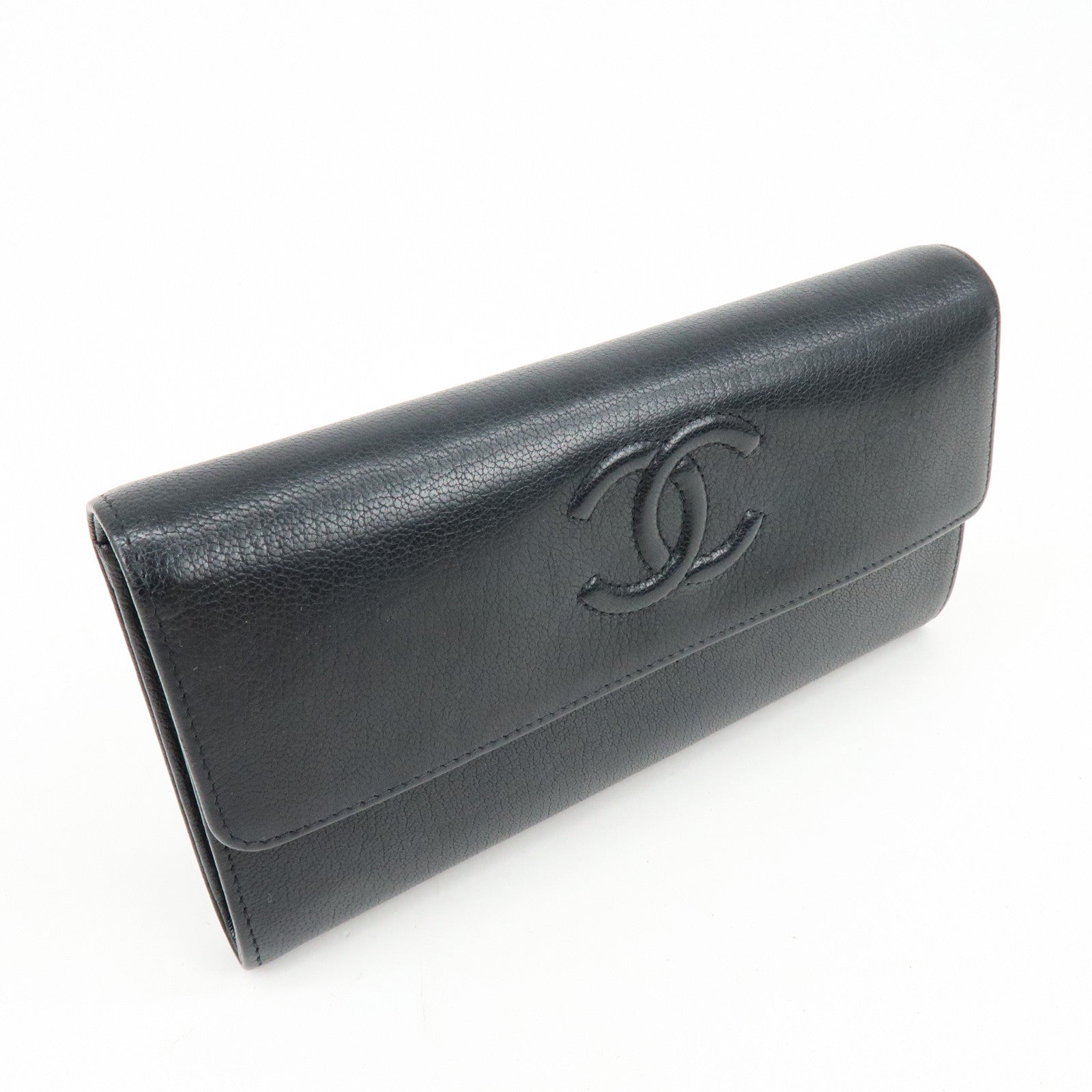CHANEL COCO Mark Leather Flap Bi-Fold Long Wallet Black