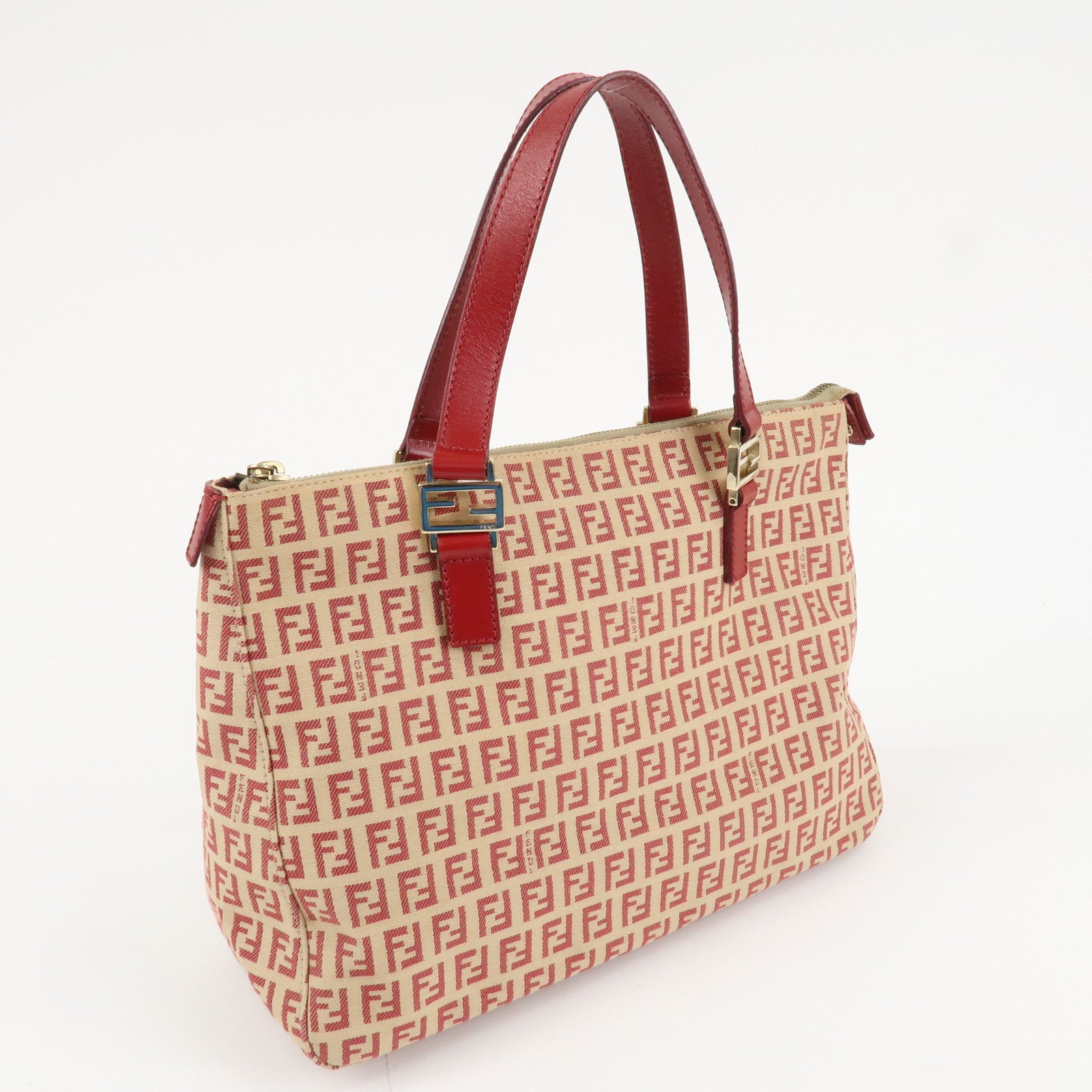 FENDI Zucchino Canvas Leather Hand Bag Beige Red 8BH134 Used