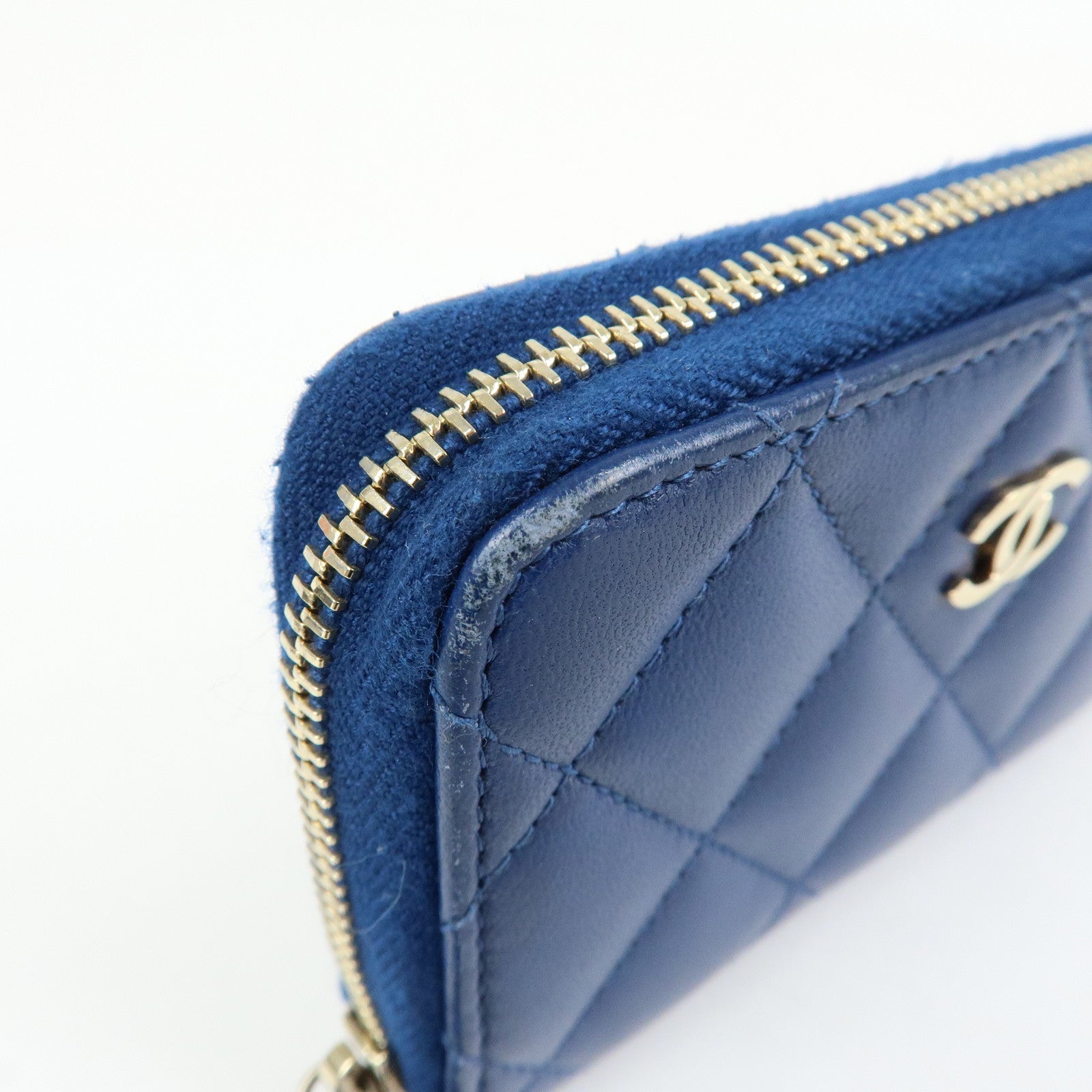 CHANEL Matelasse COCO Mark Lamb Skin Coin Case Card Case Blue