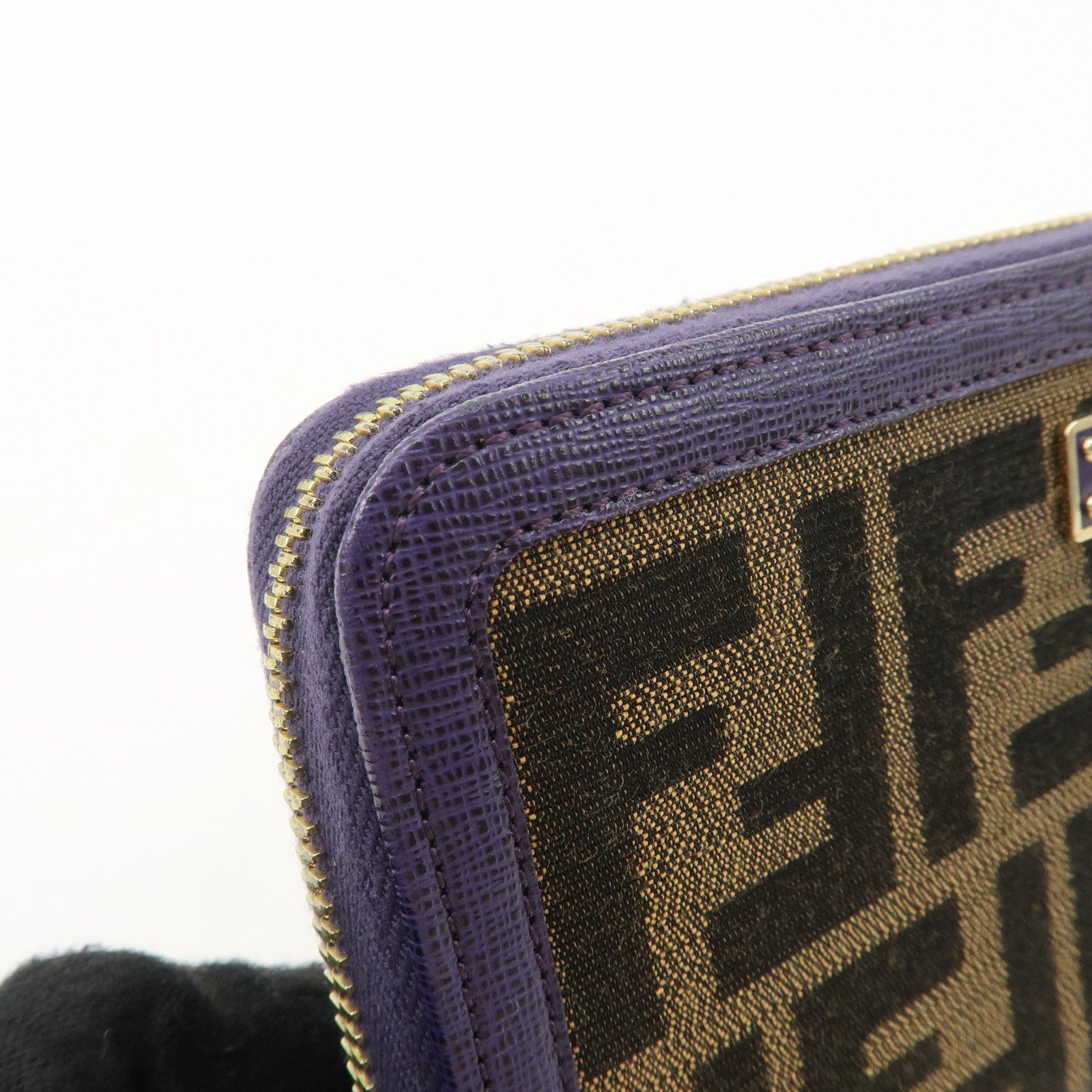 FENDI Zucchino Canvas Leather Round Zippy Long Wallet Brown Purple 8M0024 Used