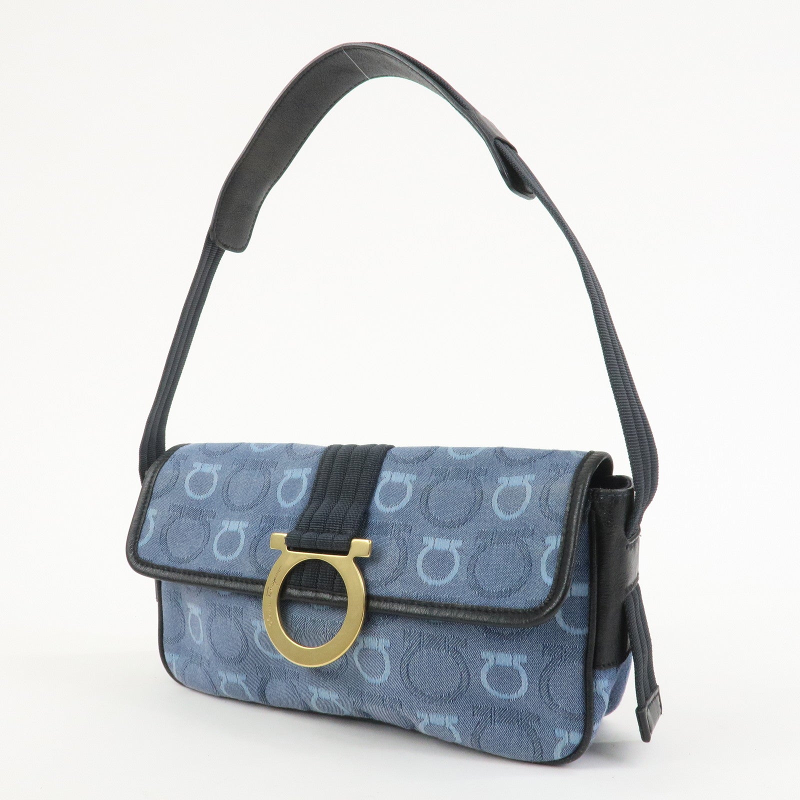 Ferragamo Gancini Canvas Leather Shoulder Bag Navy Black