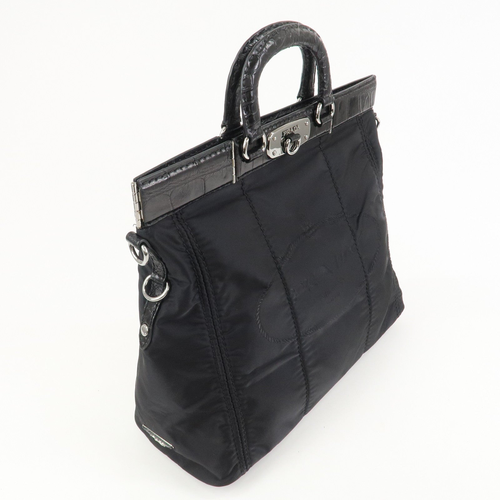 PRADA Triangle Logo Nylon Embossed Leather Hand Bag Black