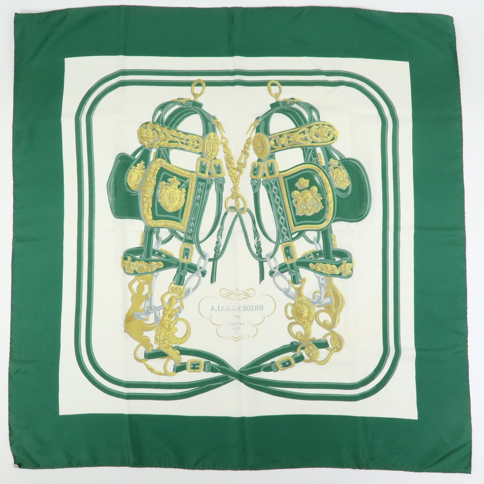 HERMES Carre 90 Silk 100% Scarf BRIDES DE GALA Bridle Green White