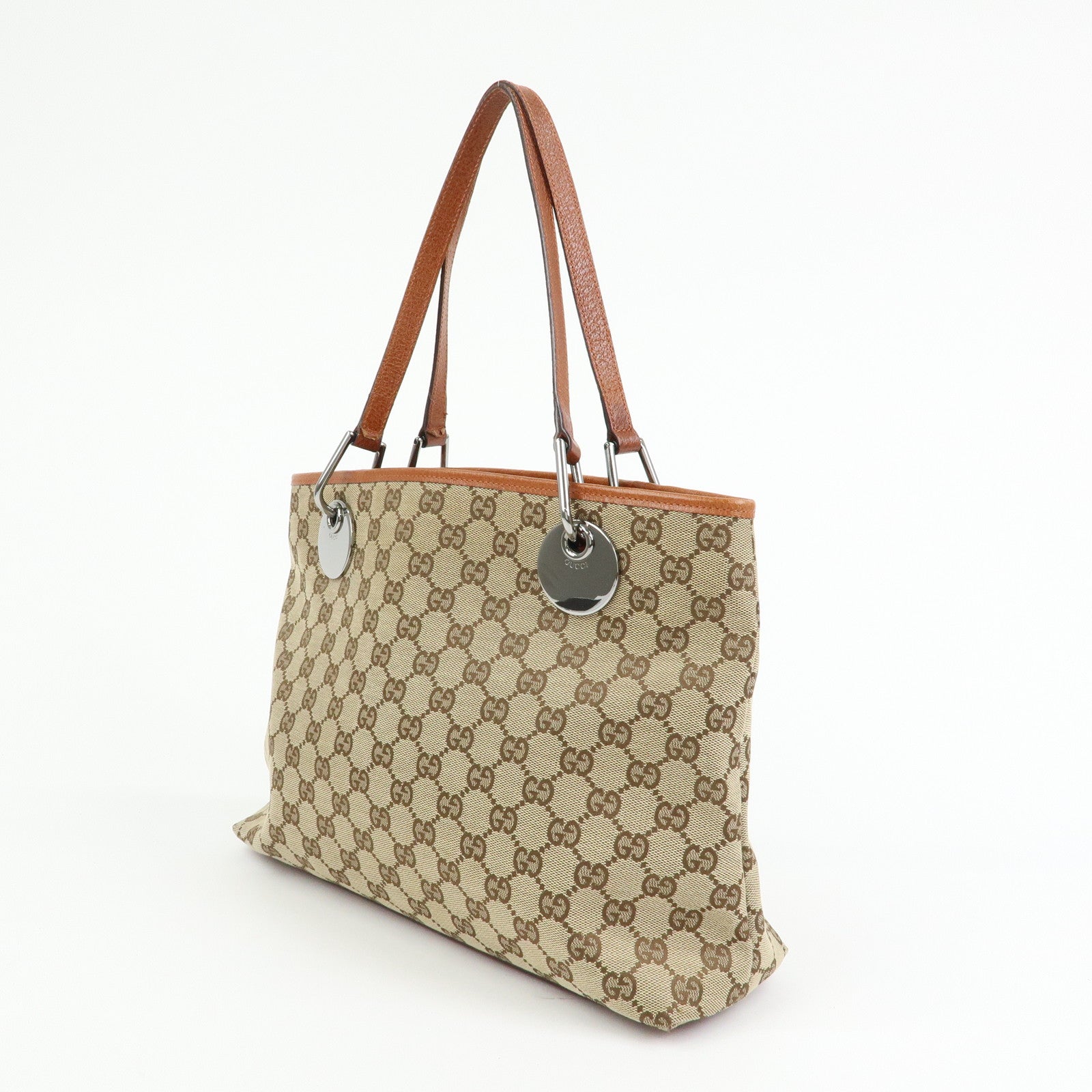 GUCCI GG Canvas Leather Tote Bag Shoulder Bag Beige Camel 120837