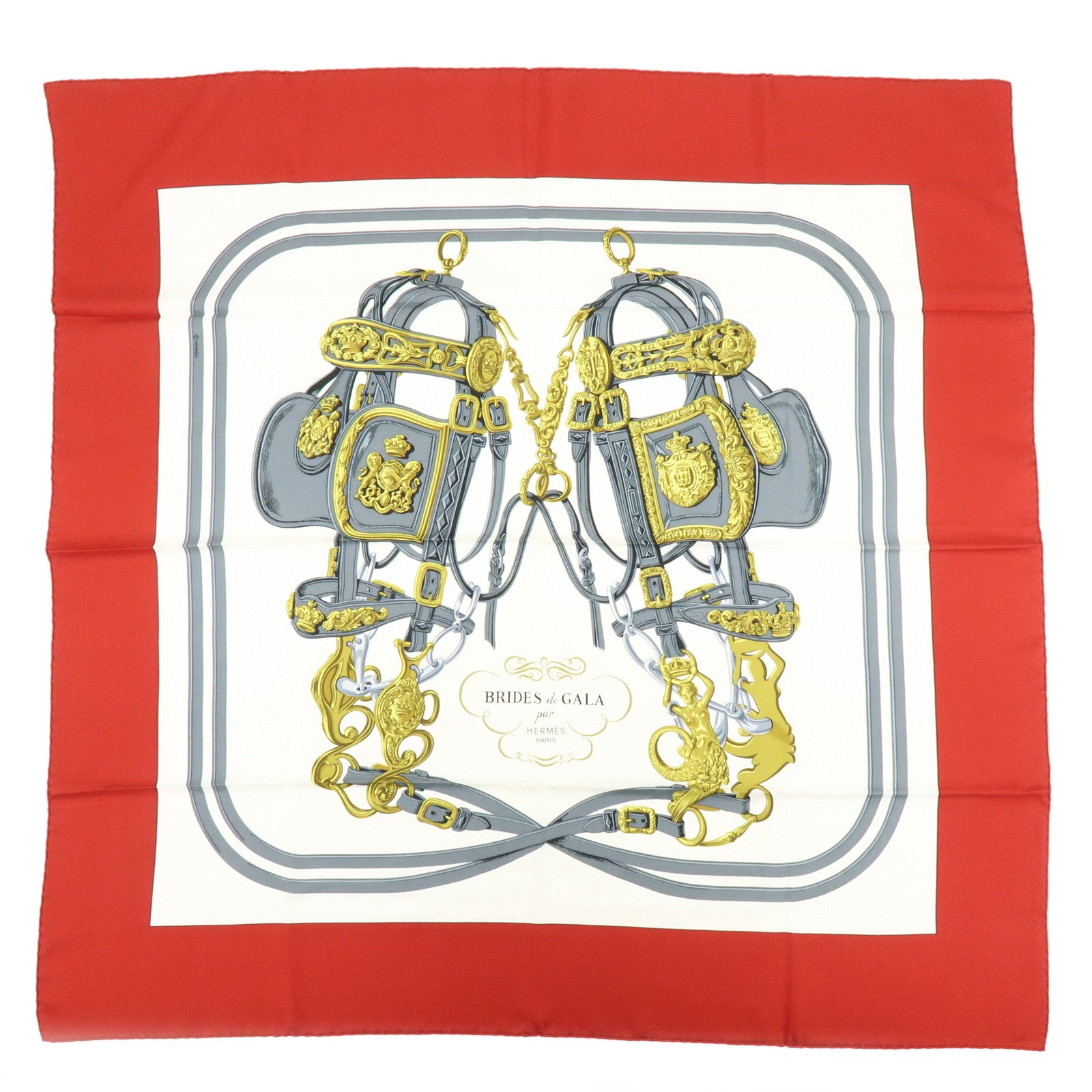 HERMES Carre 90 Silk 100% BRIDES DE GALA Scarf Red Gold