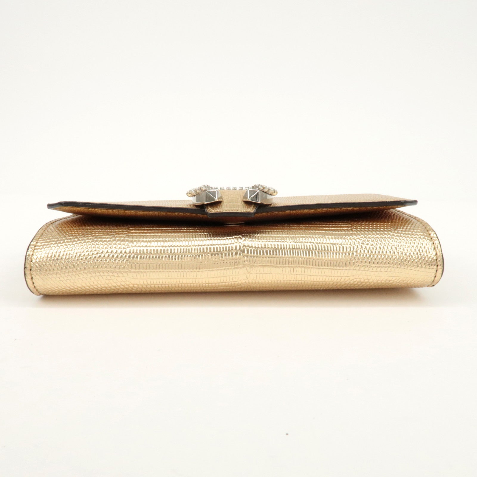 JIMMY CHOO Leather Rhine Stone Chain Wallet Gold Silver HDW Used