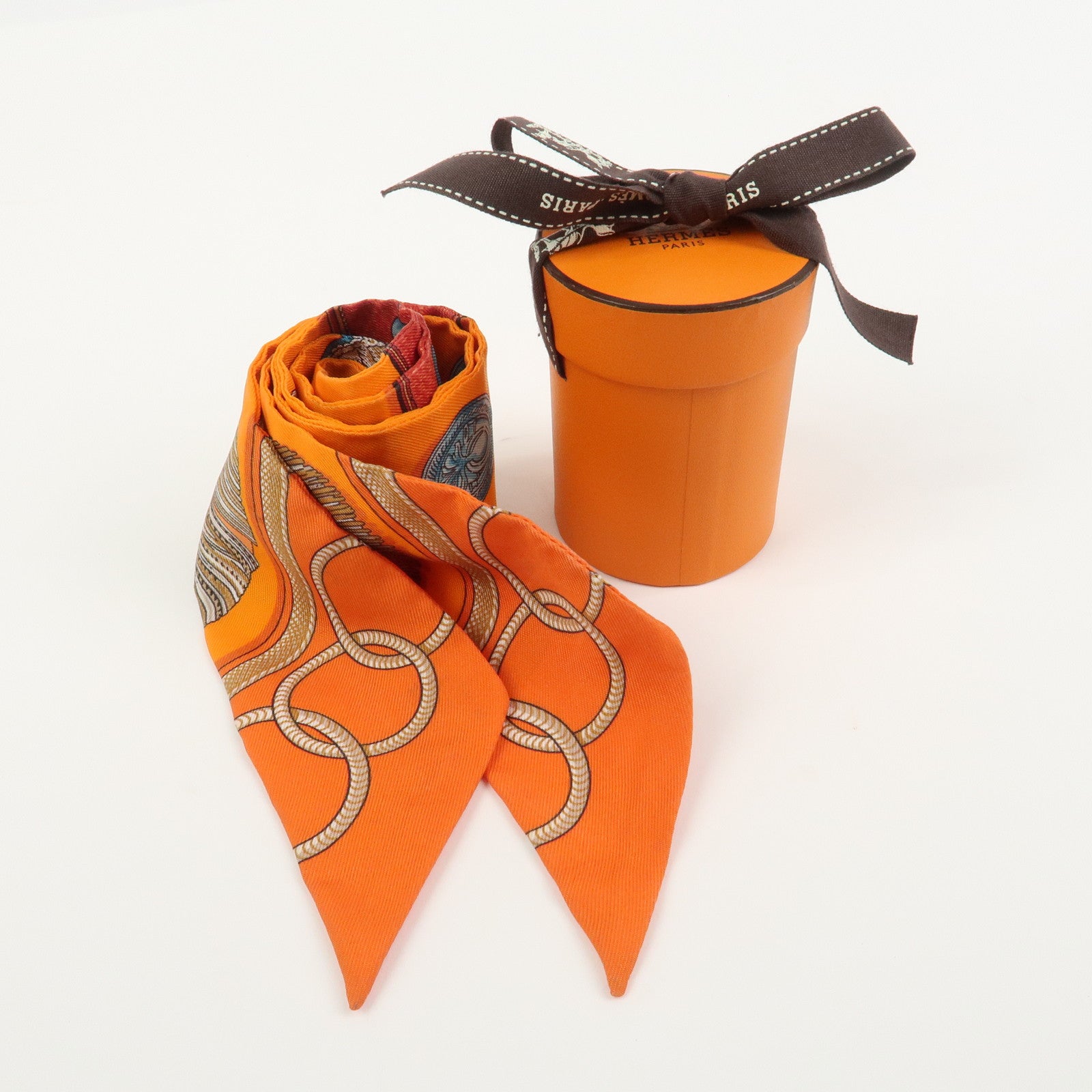 HERMES Twilly Tassel Motif Silk 100% Scarf Orange