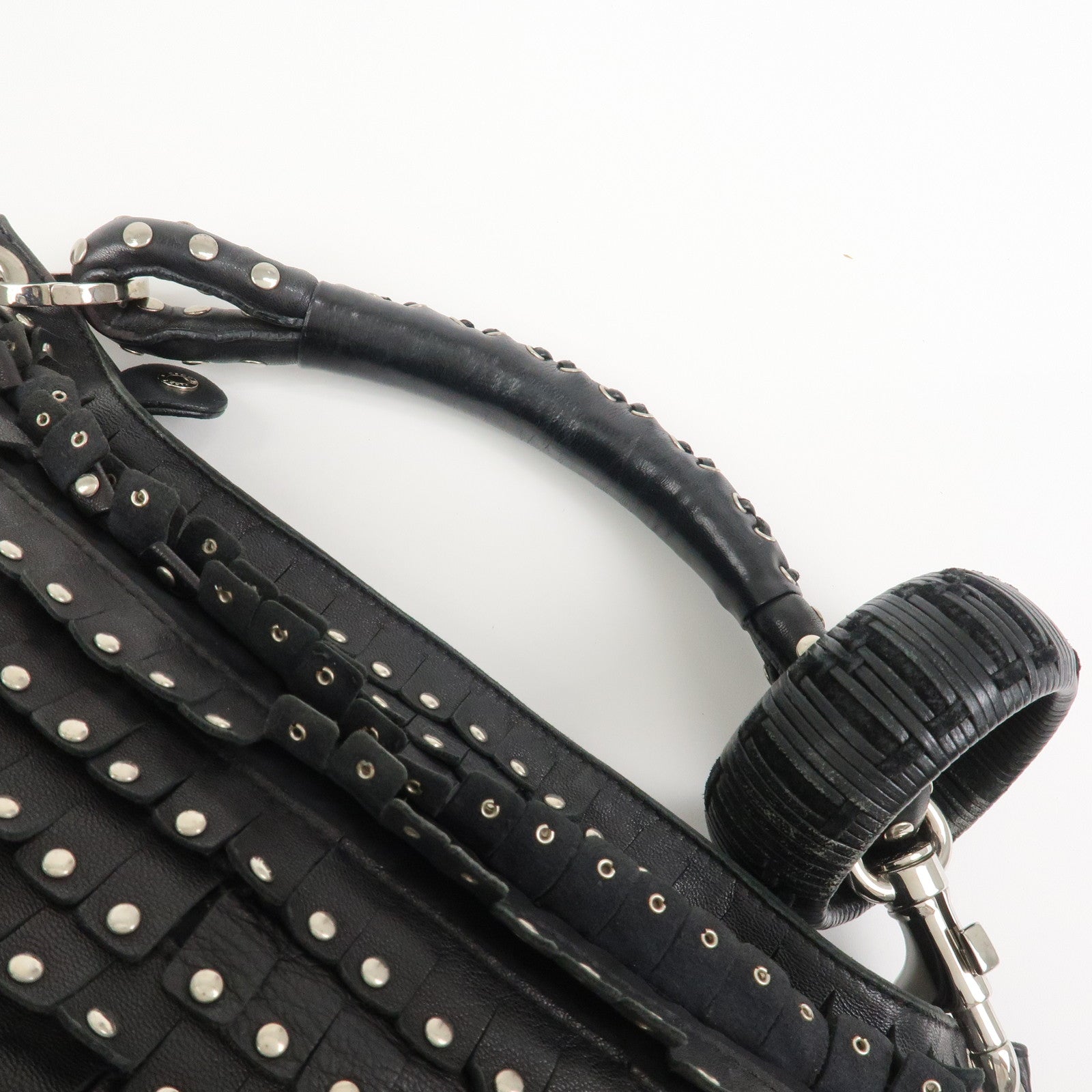 JIMMY CHOO Leather Studs Sky Bag Shoulder Bag Hand Bag Black Silver