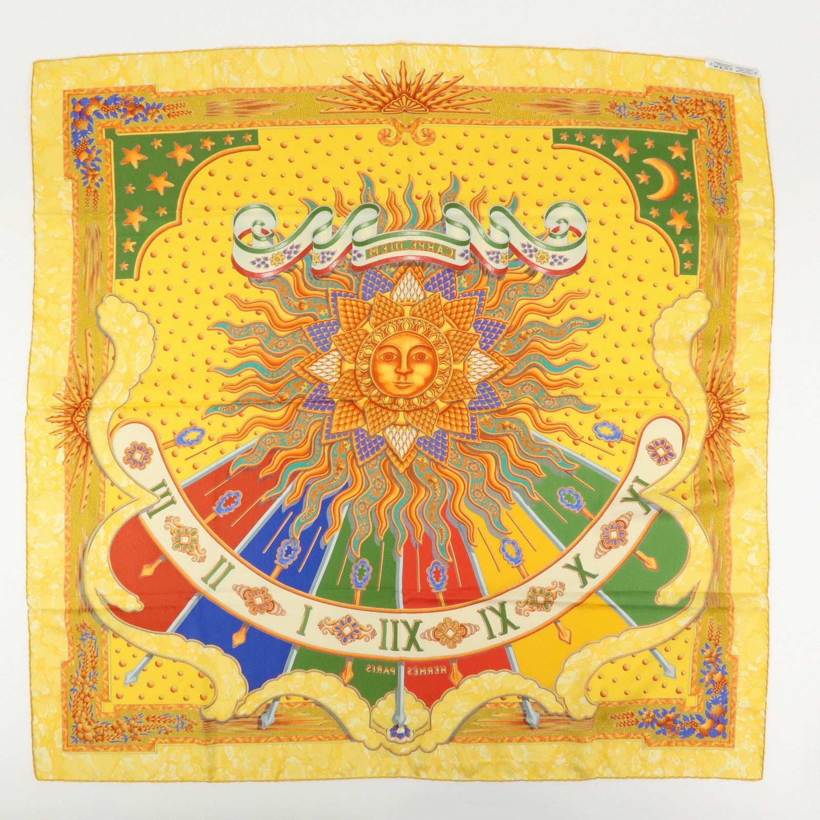 HERMES Carre 90 Silk 100% Scarf GLORIA SOLI Yellow Green Orange
