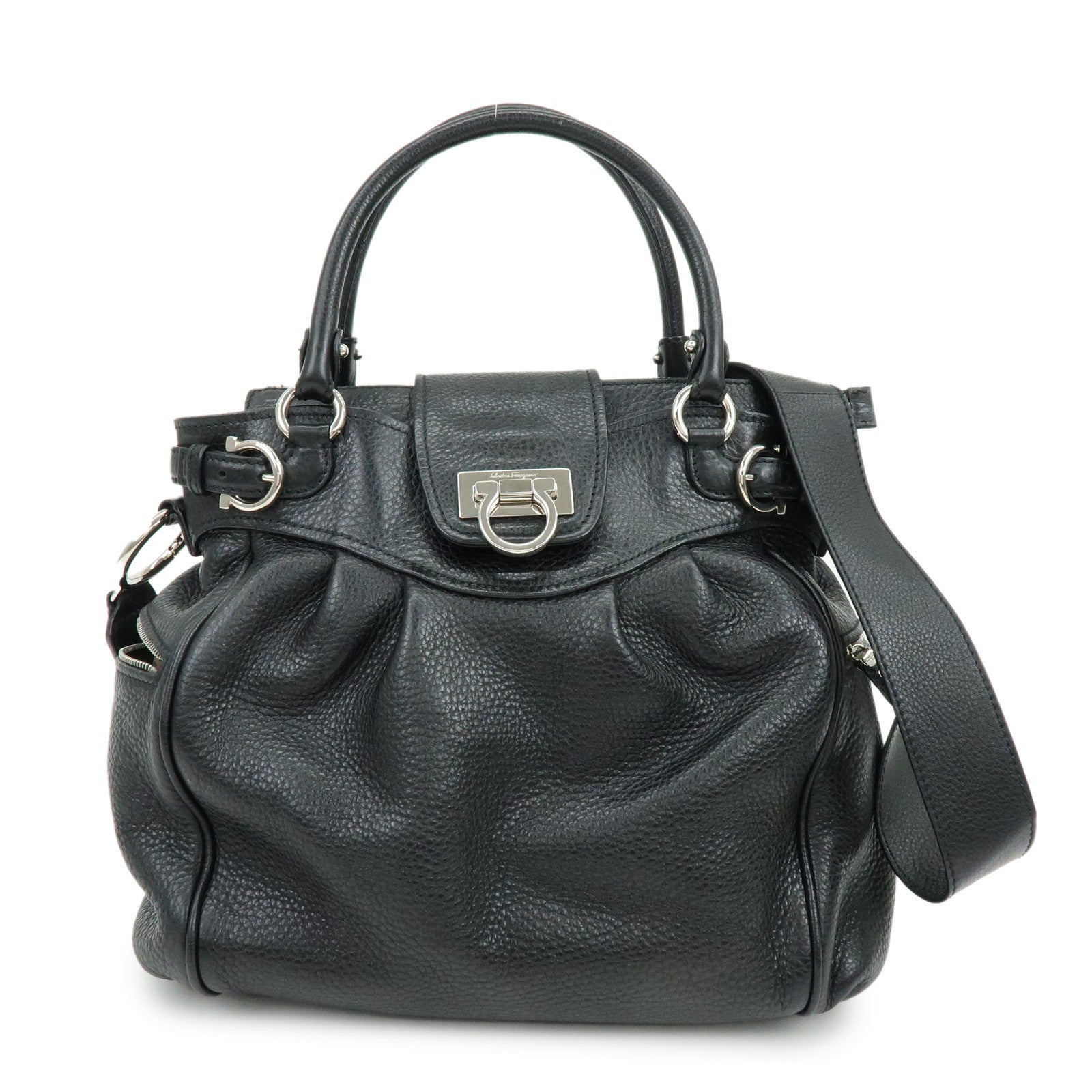 Ferragamo Gancini Leather 2Way Bag Hand Bag Shoulder Bag Black