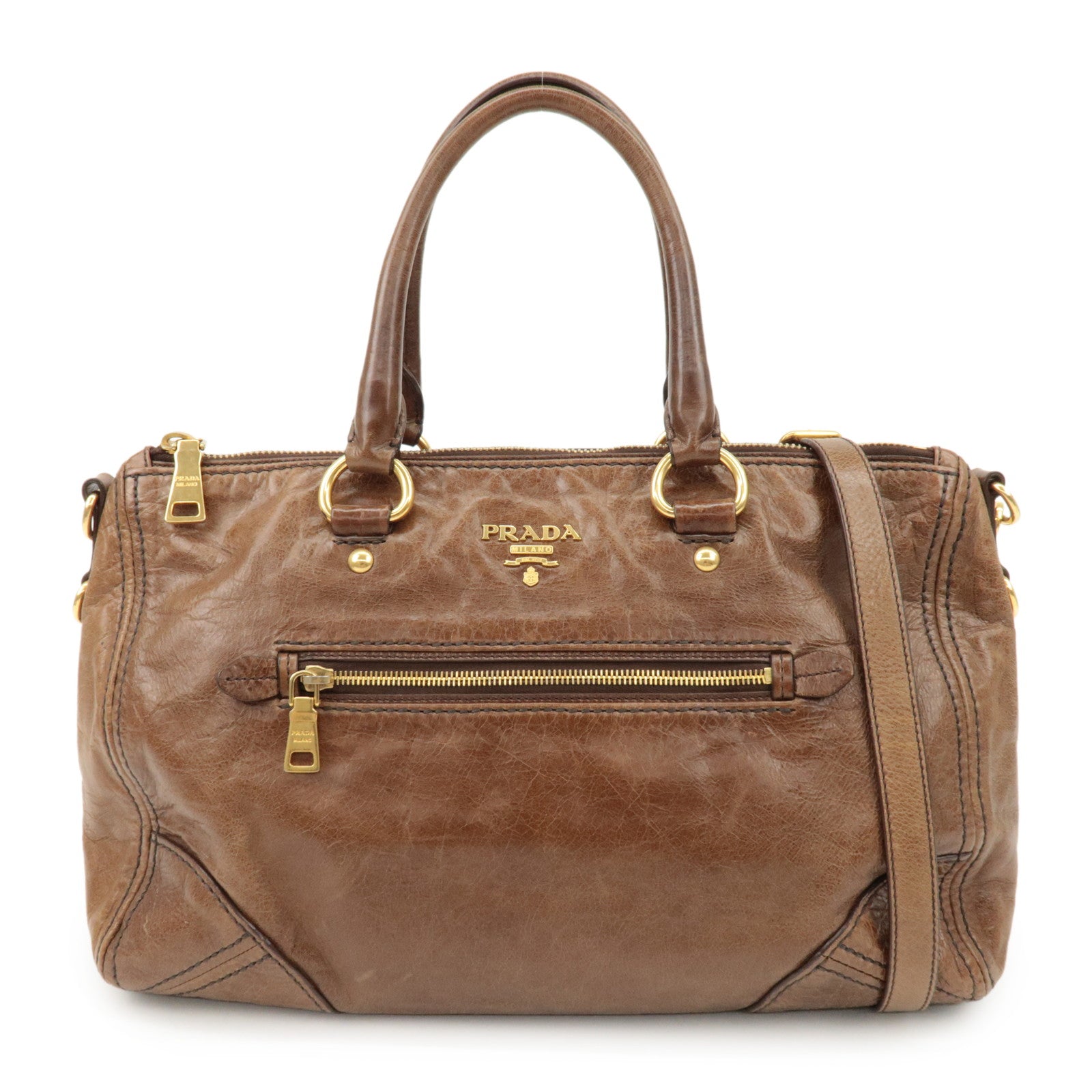 PRADA Logo Leather 2Way Bag Tote Bag Shoulder Bag Brown BL0727 Used