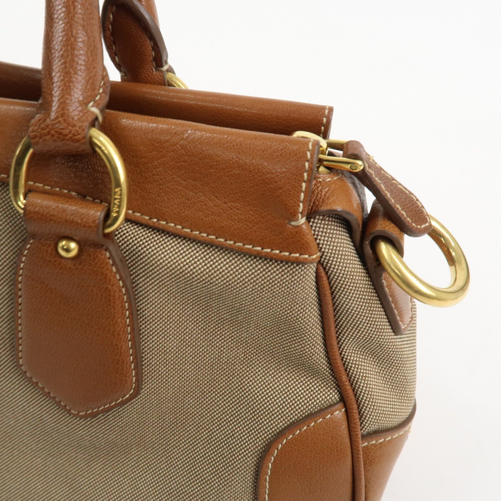 PRADA Logo Jacquard Leather 2Way Bag Hand Bag Brown BN1839