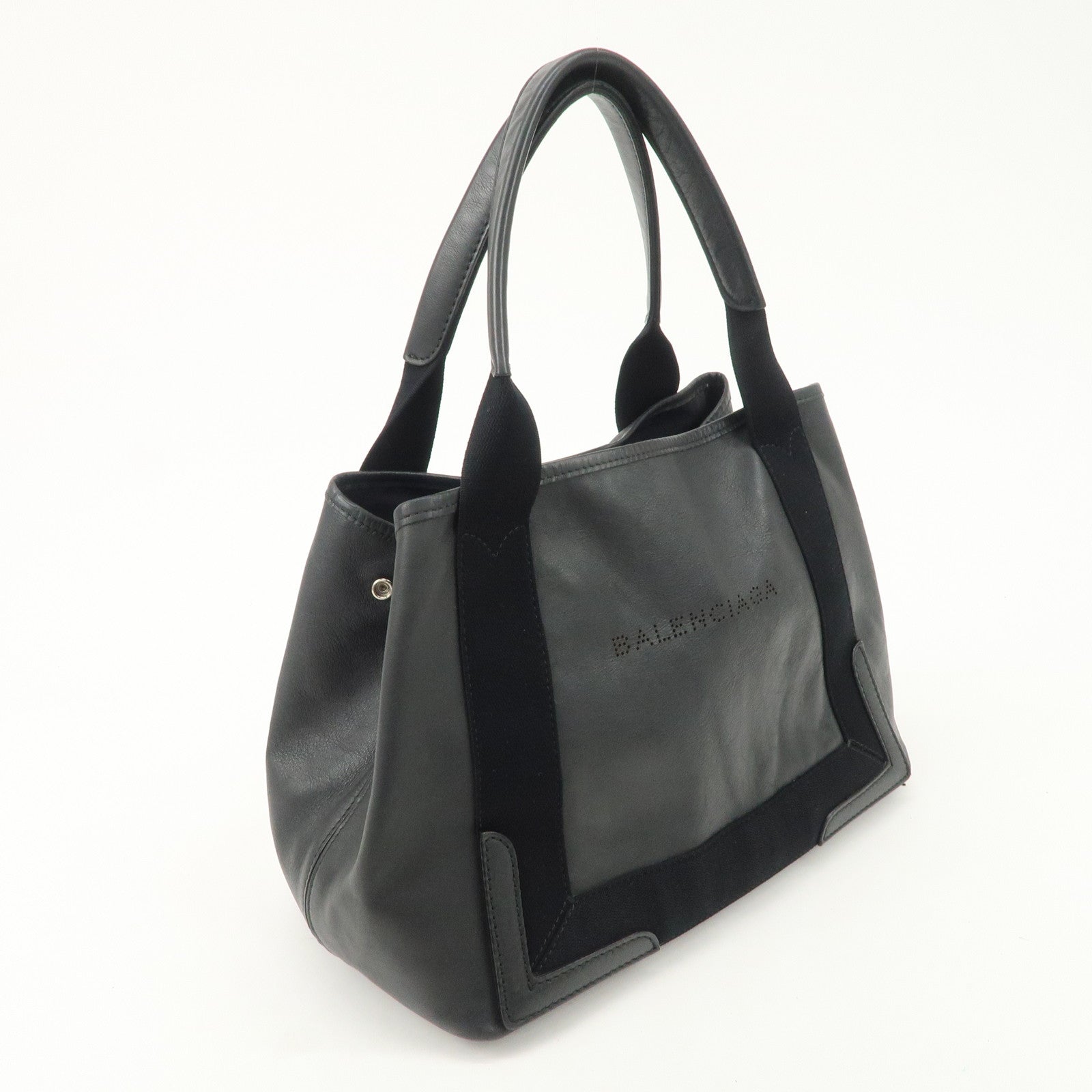 BALENCIAGA Leather Navy Cabas S Tote Bag Hand Bag Black 339933 Used