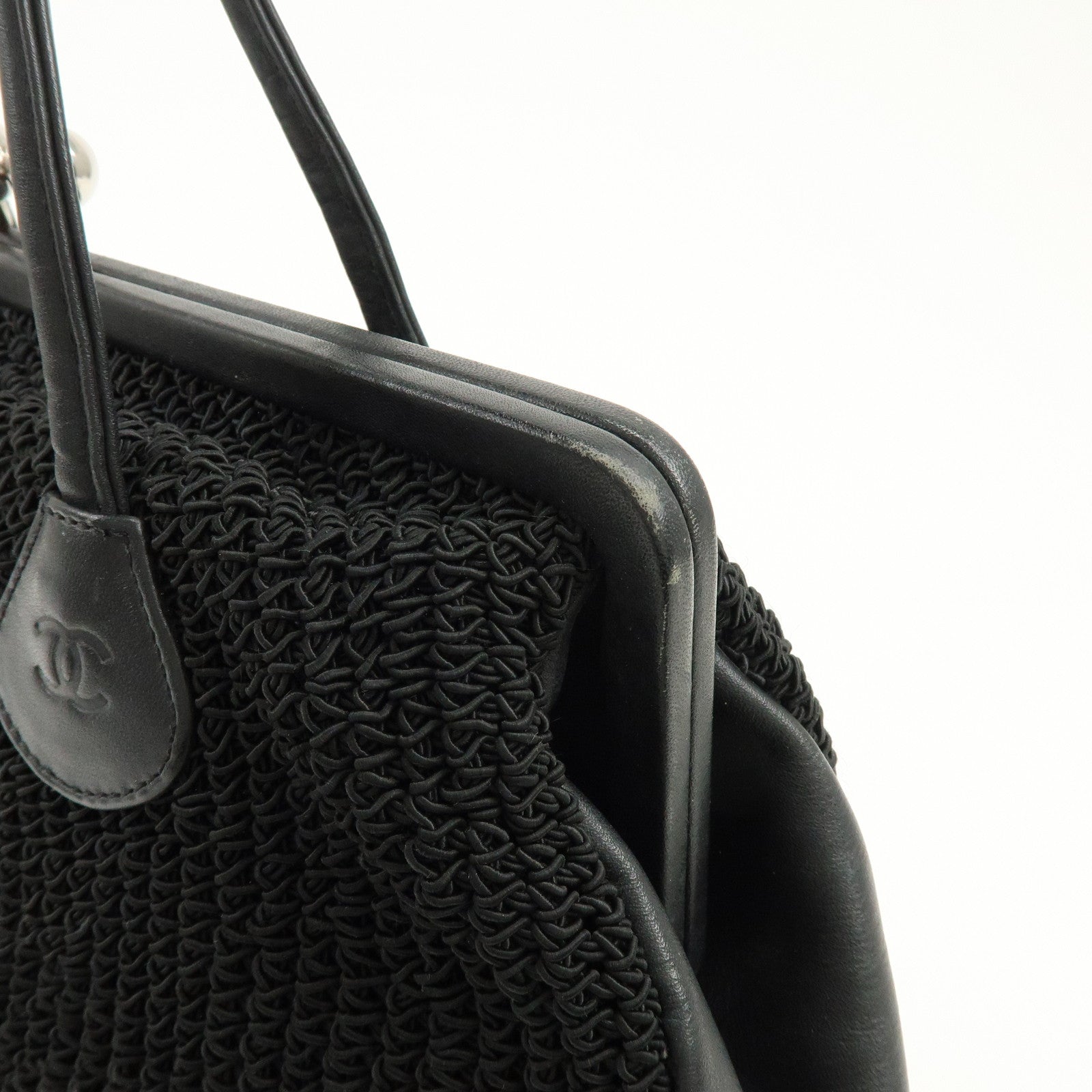 CHANEL COCO Mark Nylon Leather Kiss Lock Purse Shoulder Bag Black