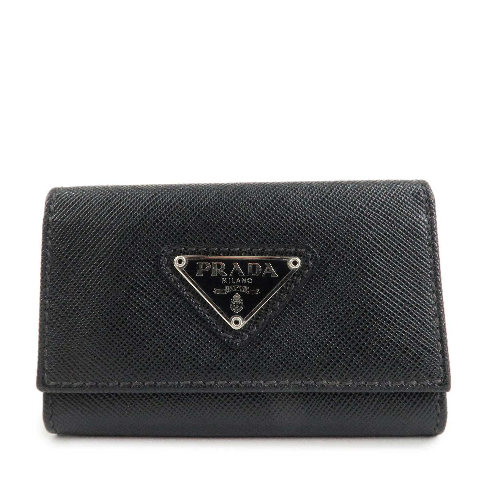 PRADA Triangle Logo Saffiano Leather Key Case Black 1M0222 Used