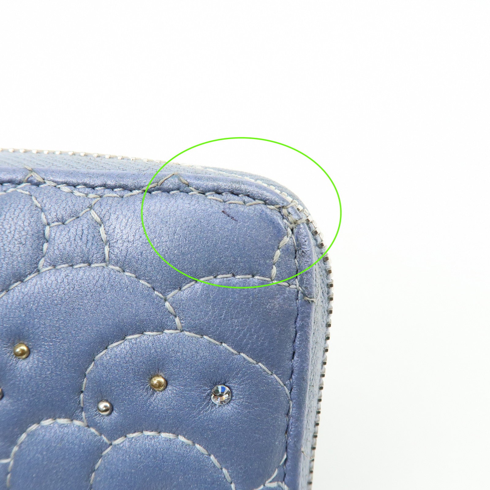 CHANEL Camellia Lamb Skin Round Zippy Wallet Light Blue A82281