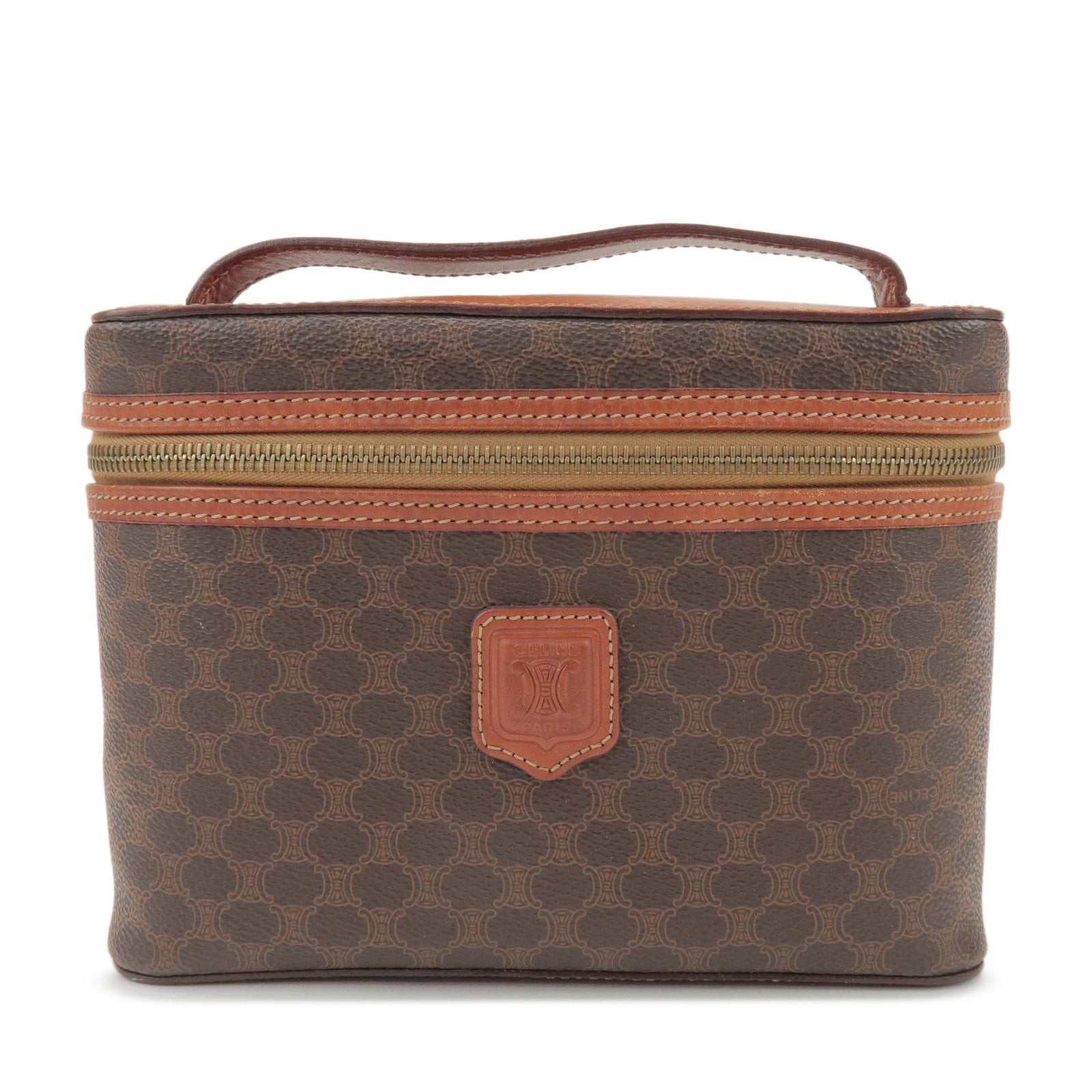 CELINE Macadam PVC Coated Canvas Leather Hand Bag Vanity Bag Brown