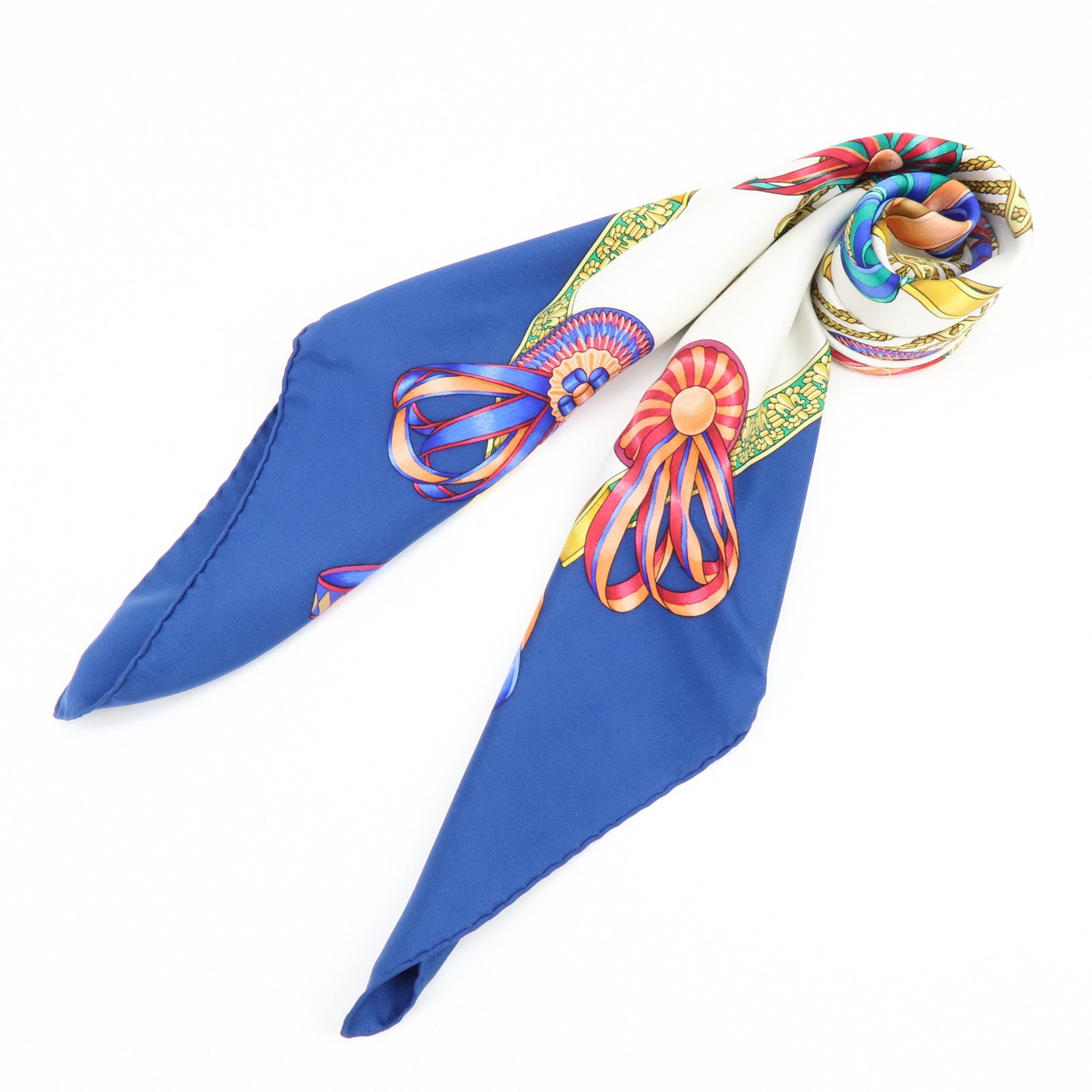 HERMES Carre 90 Silk 100% Scarf LES RUBANS DU CHEVAL Navy Gold