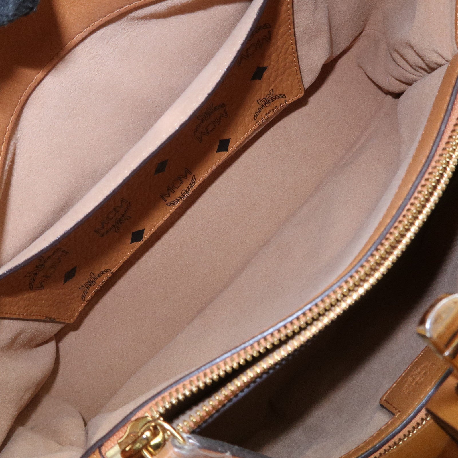 MCM Visetos PVC Leather 2Way Bag Hand Shoulder Bag Studs Cognac