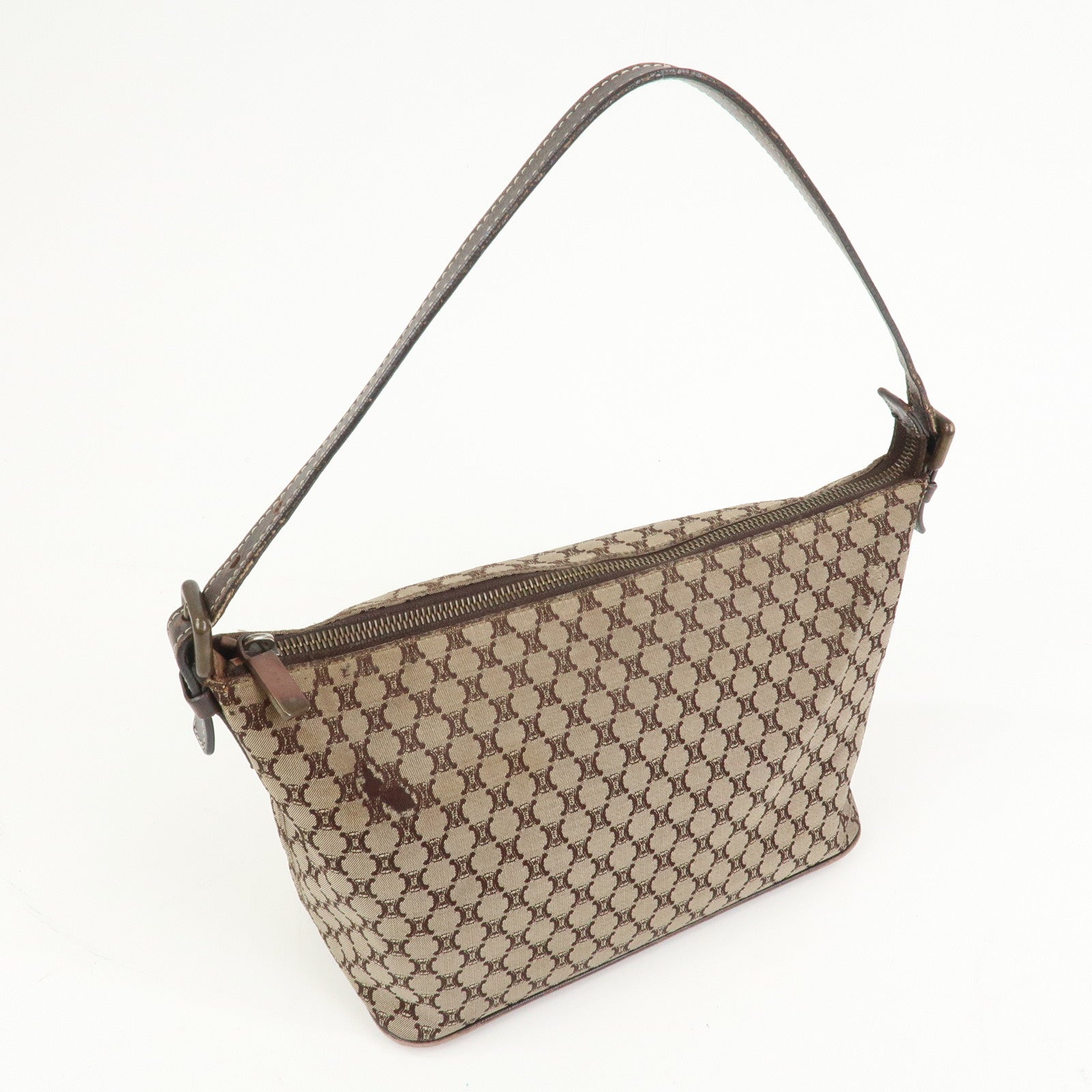 CELINE Macadam Logo Canvas Leather Shoulder Bag Hand Bag Brown